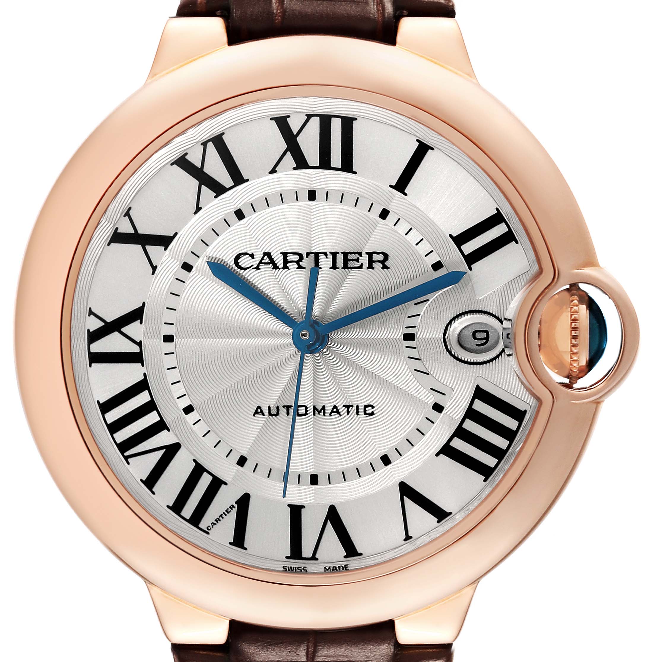 The image shows a close-up of the Cartier Ballon Bleu WGBB0035 Men's Rose Gold Silver Dial WGBB0035 Men's Rose Gold Silver Dial watch face, highlighting the blue hands, Roman numerals, and crown with a cabochon.
