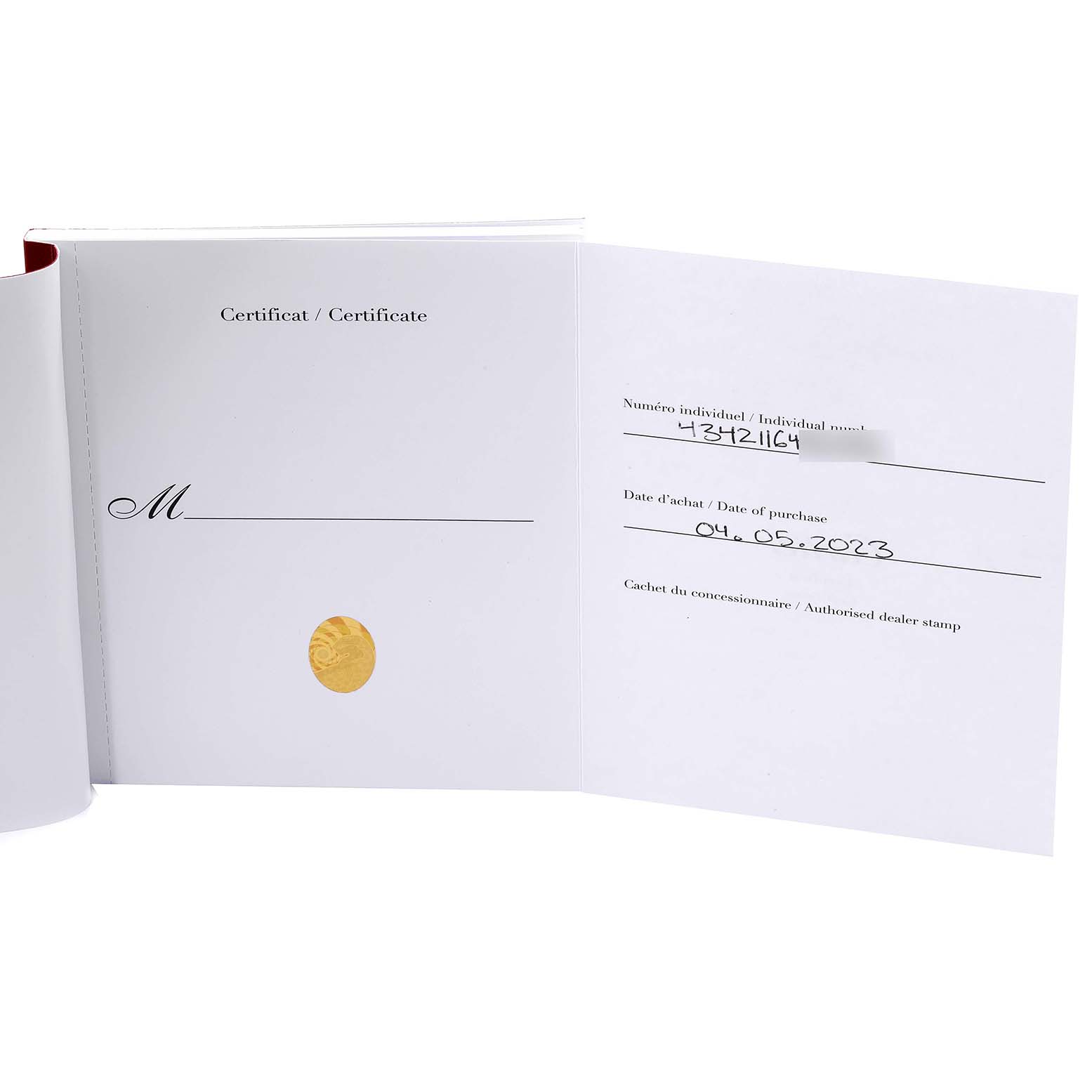 The image shows an open certificate booklet for the Cartier Ballon Bleu WGBB0035 Men's Rose Gold Silver Dial WGBB0035 Men's Rose Gold Silver Dial model, displaying purchase details.