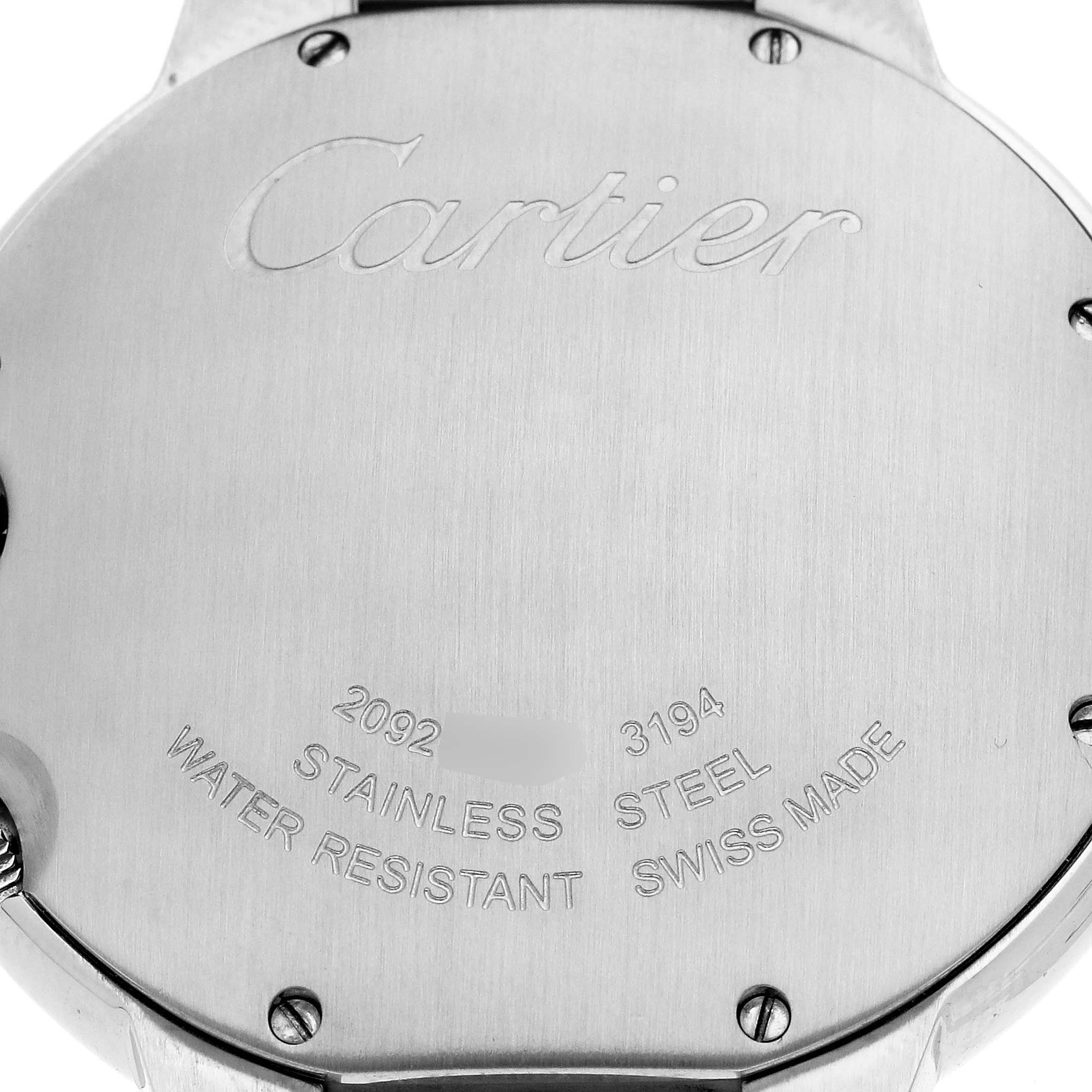 The image shows the back of the Cartier Ballon Bleu W6920027 Men
s Steel and Gold (two tone) Silver Dial watch, highlighting engravings and screws.