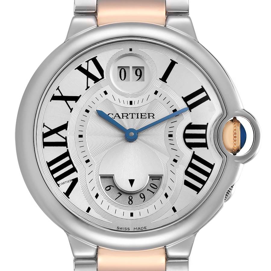 The Cartier Ballon Bleu model W6920027 is shown from a front view, highlighting the watch face, Roman numerals, and blue hands.