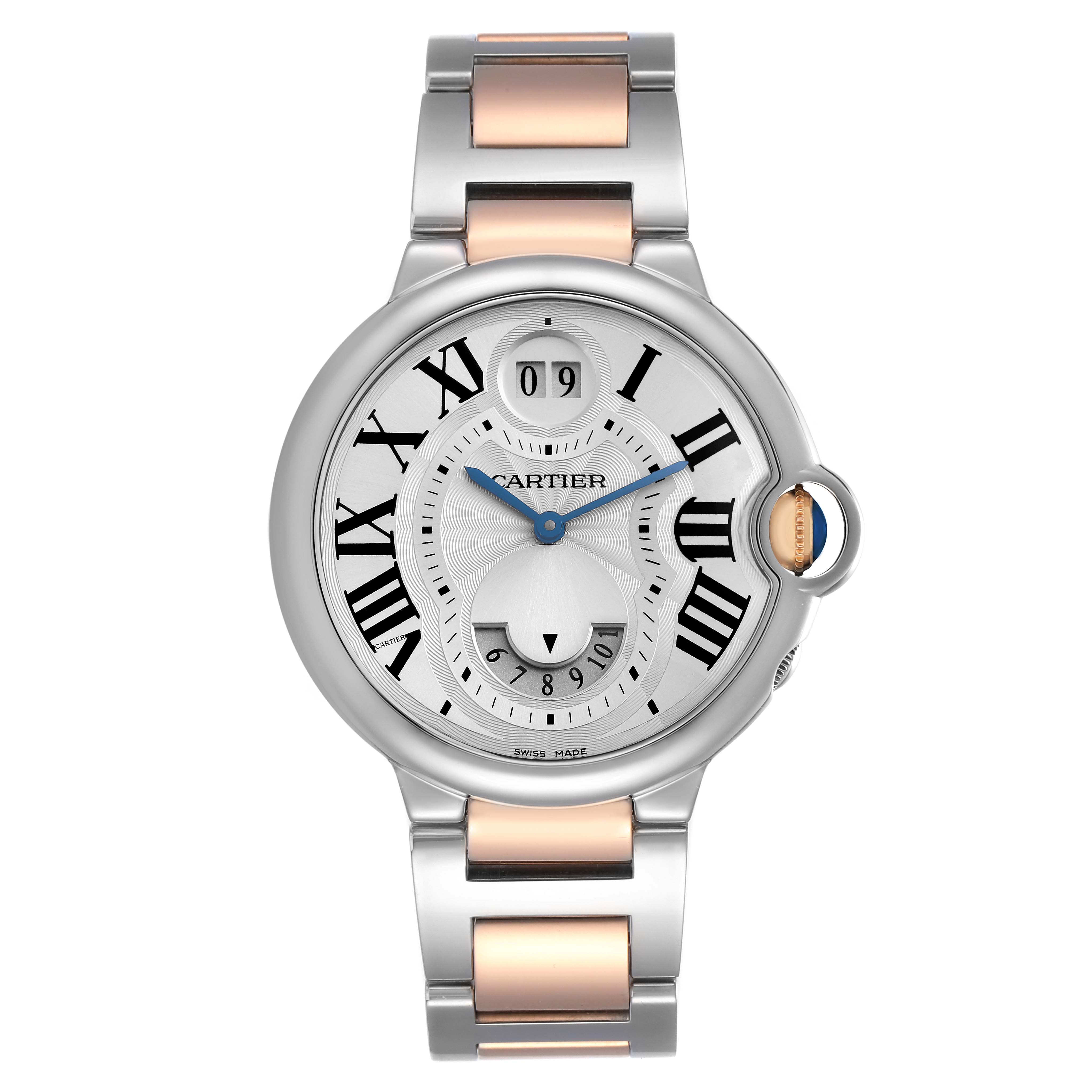 The Cartier Ballon Bleu W6920027 Men
s Steel and Gold (two tone) Silver Dial watch is shown from the front, highlighting the dial, Roman numerals, blue hands, and metal bracelet.