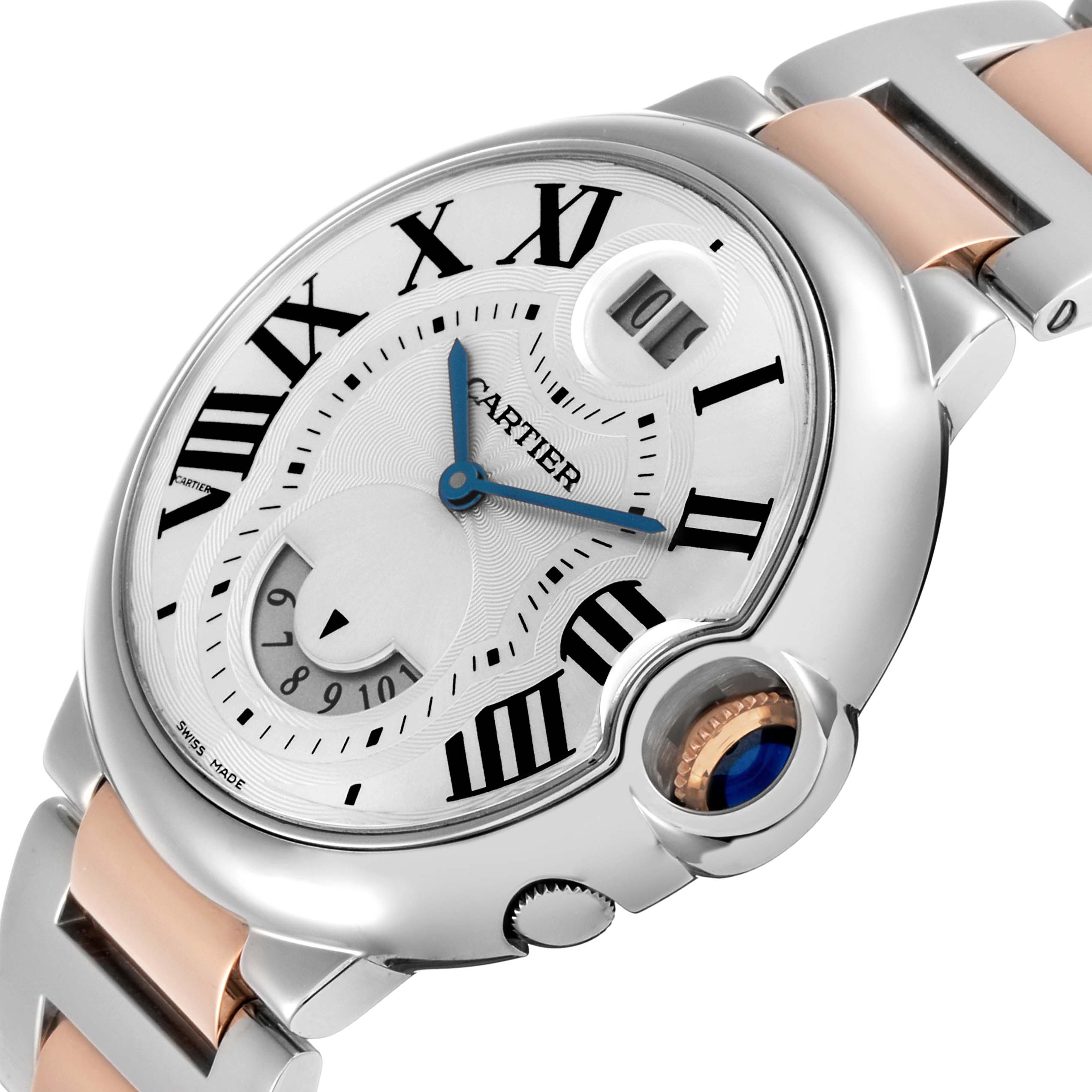 The Cartier Ballon Bleu W6920027 Men
s Steel and Gold (two tone) Silver Dial watch is shown at an angle highlighting the dial, crown, Roman numerals, and part of the bracelet.