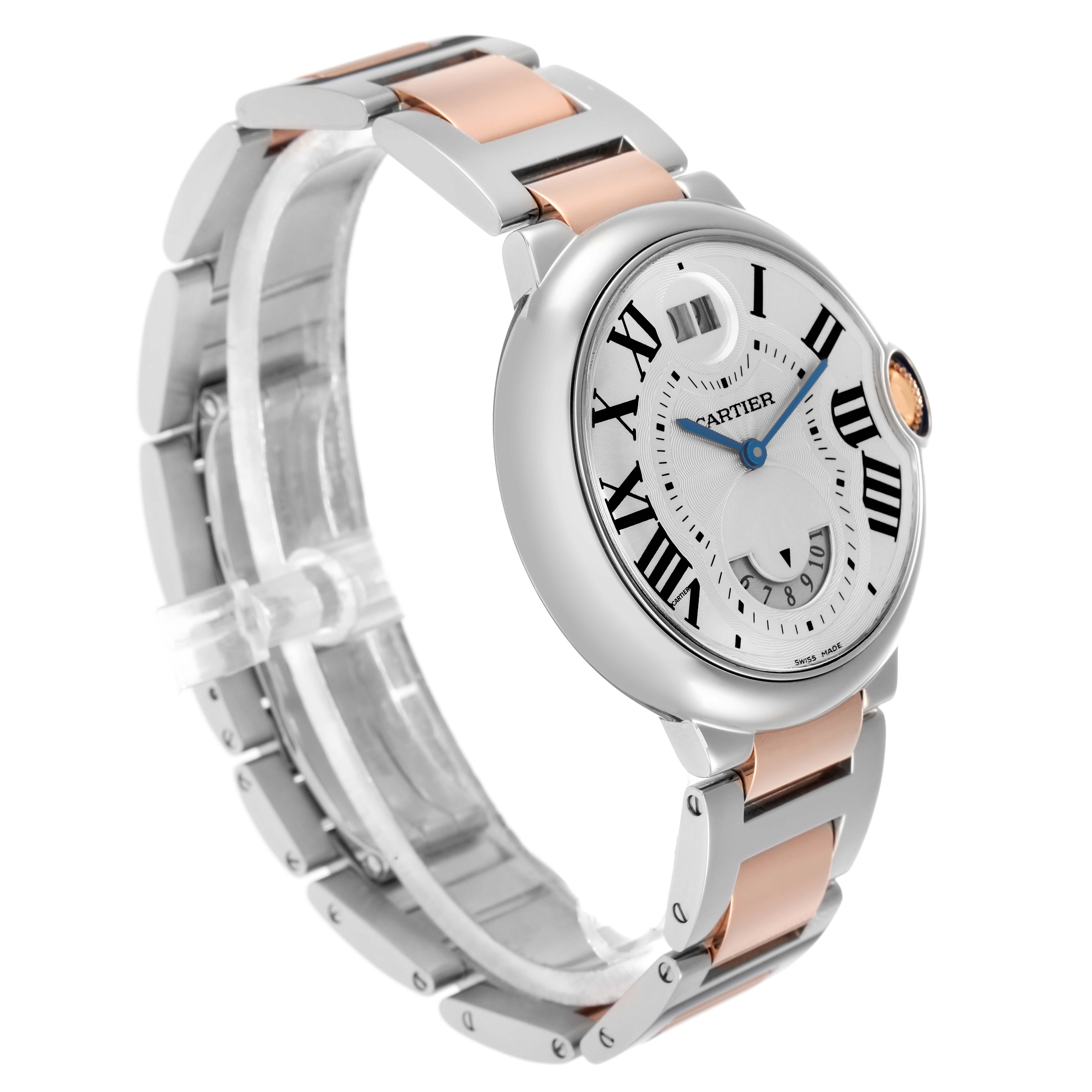 The Cartier Ballon Bleu W6920027 Men
s Steel and Gold (two tone) Silver Dial watch is shown at an angled side view, highlighting the face, bracelet, and crown.