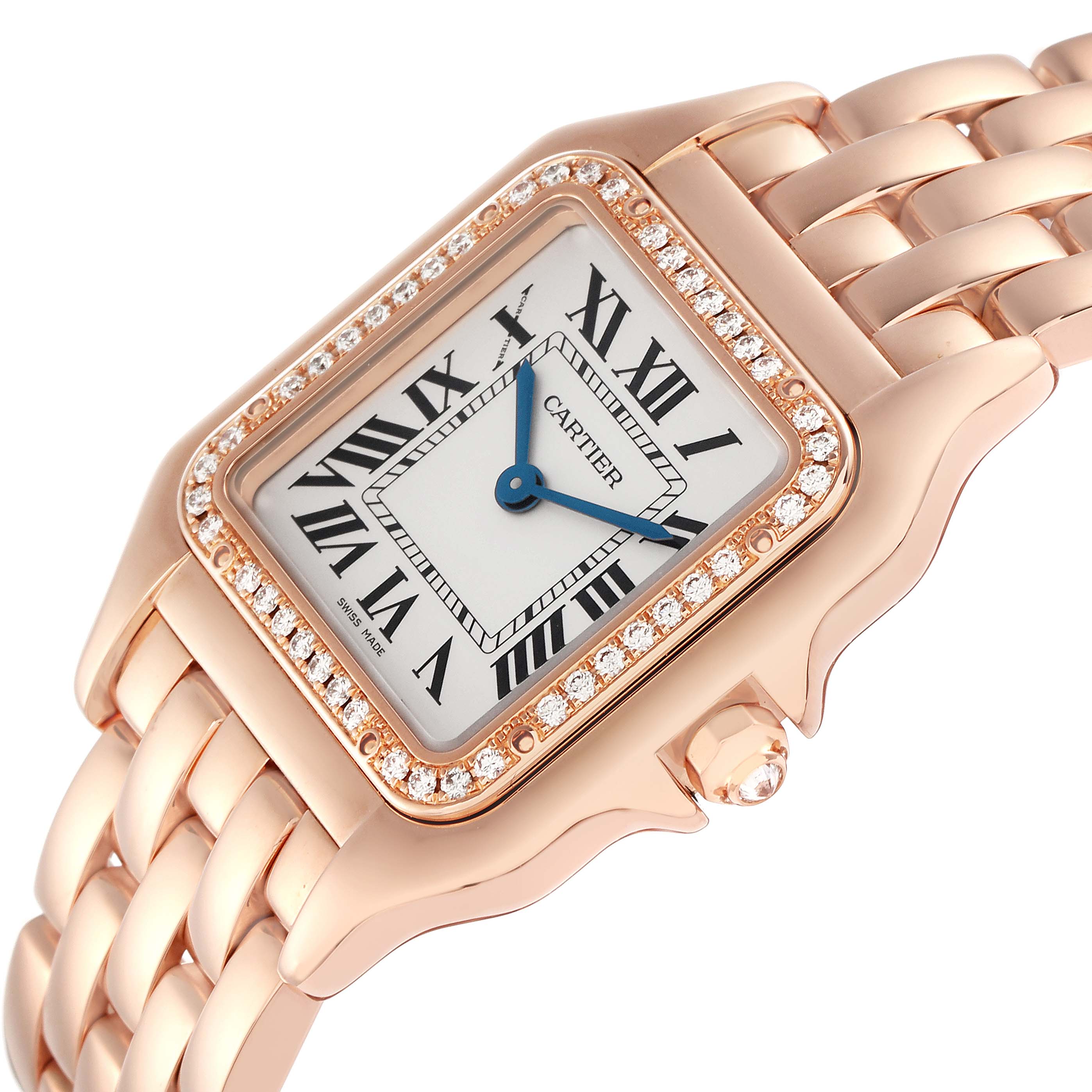The Cartier Panthere WJPN0009 Women
s Rose Gold Silver Dial watch is shown at an angle highlighting its face, diamond bezel, and part of the bracelet.