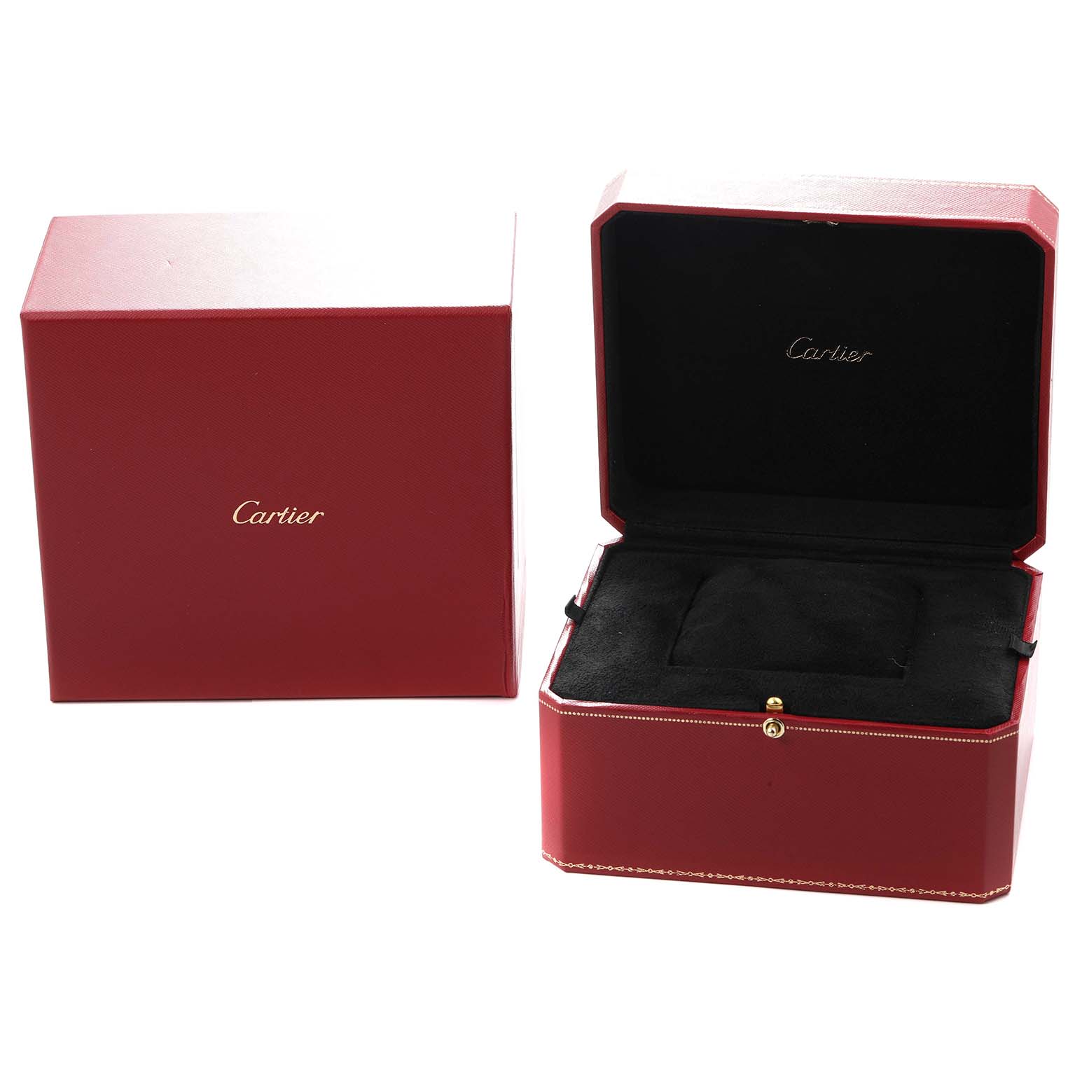 The image shows a Panthere de Cartier watch box, featuring an open red box with gold lettering and an inner black cushion.