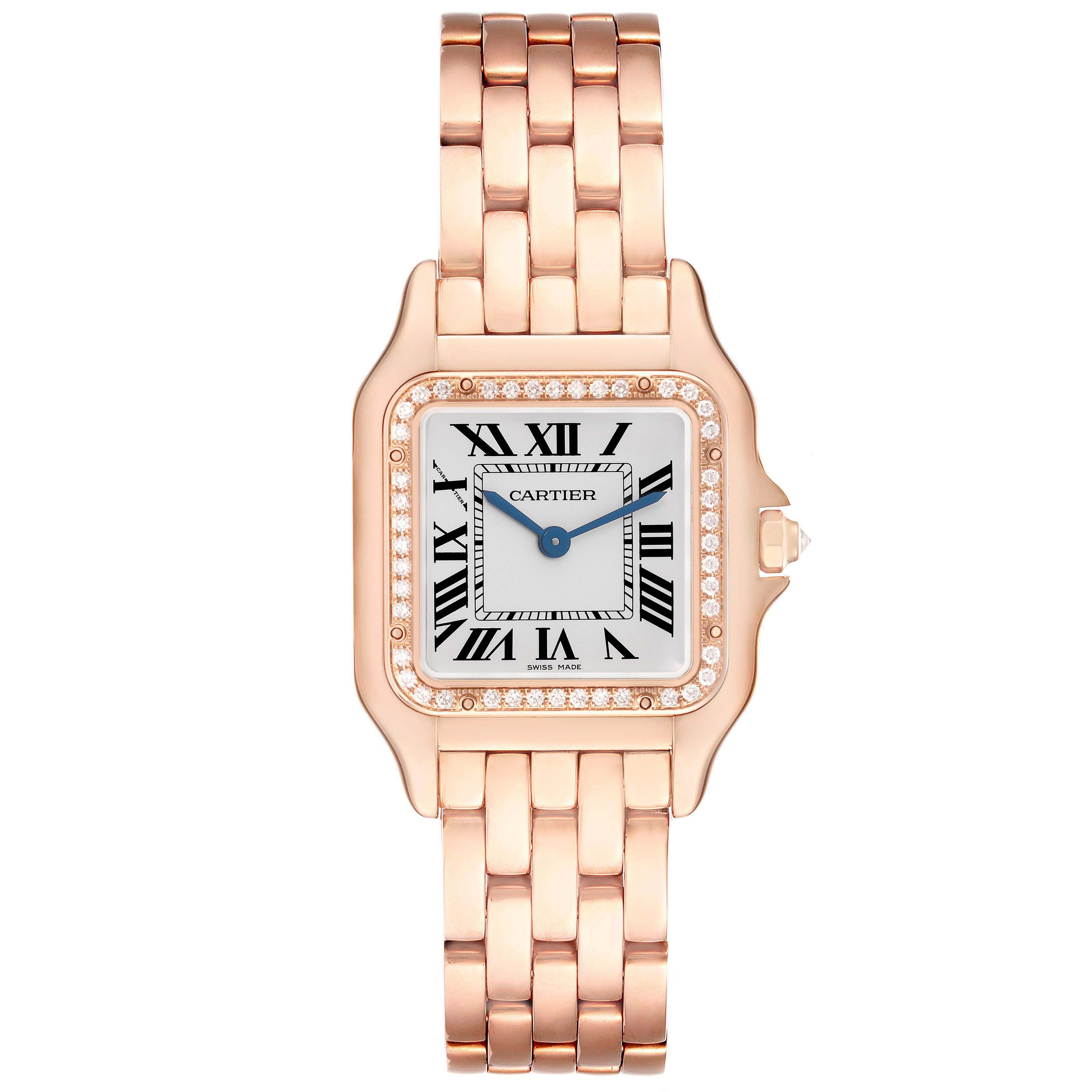 The Cartier Panthere WJPN0009 Women
s Rose Gold Silver Dial watch is shown from a top view, highlighting its face, bezel, and bracelet.