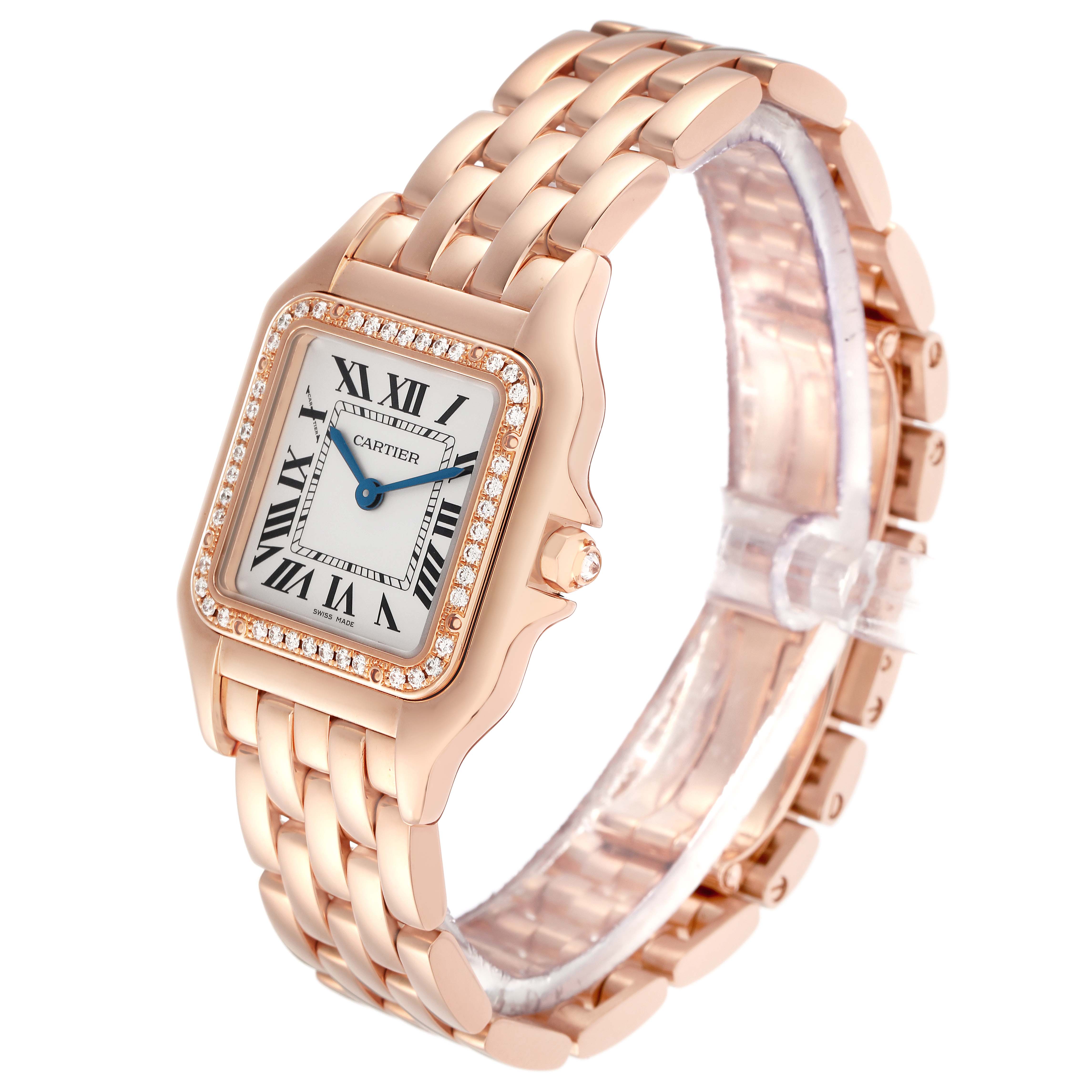 The Cartier Panthère watch is shown at an angled view displaying the face, bezel, and part of the bracelet.