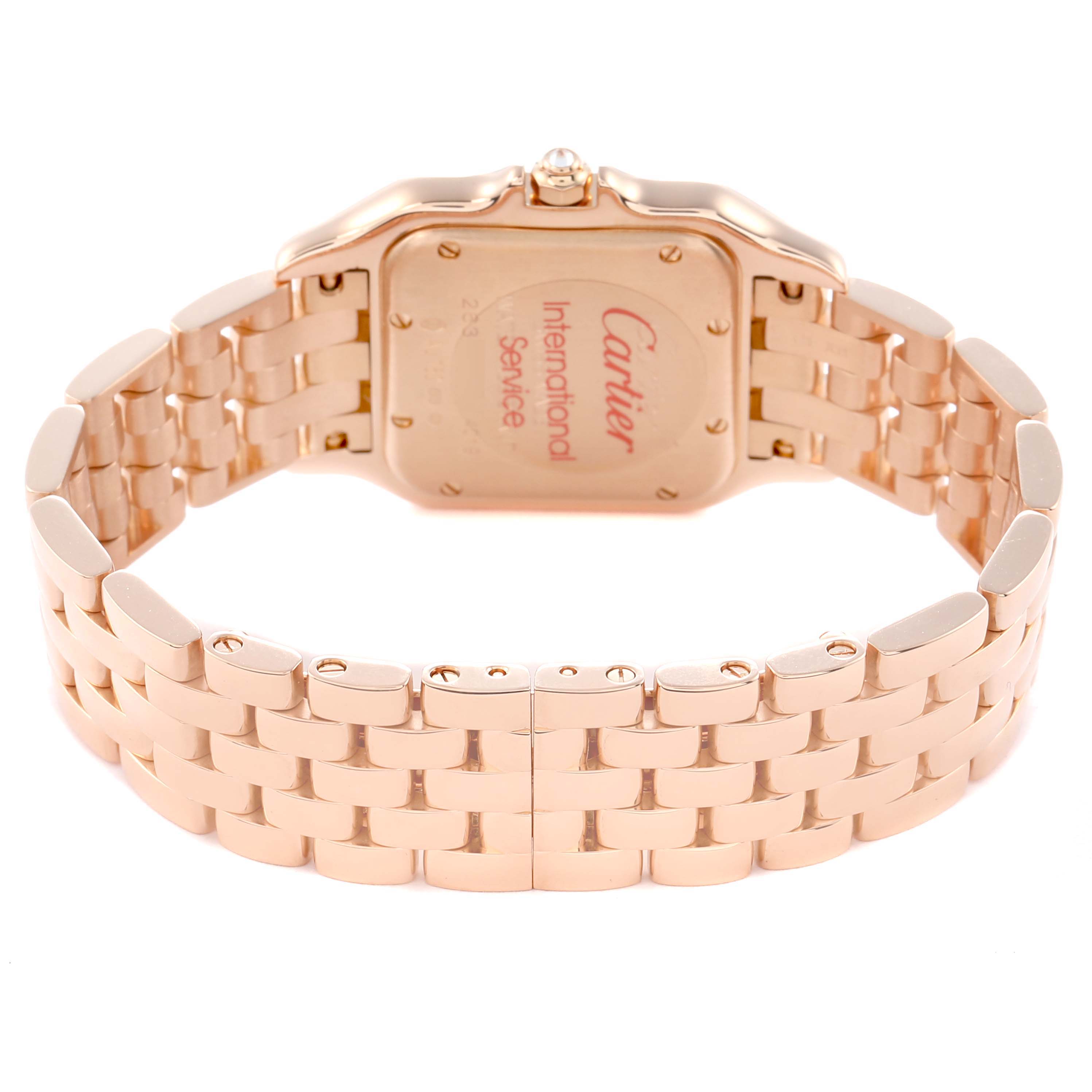 The Cartier Panthere WJPN0009 Women
s Rose Gold Silver Dial watch is shown from the back, displaying its engraved case and linked bracelet.