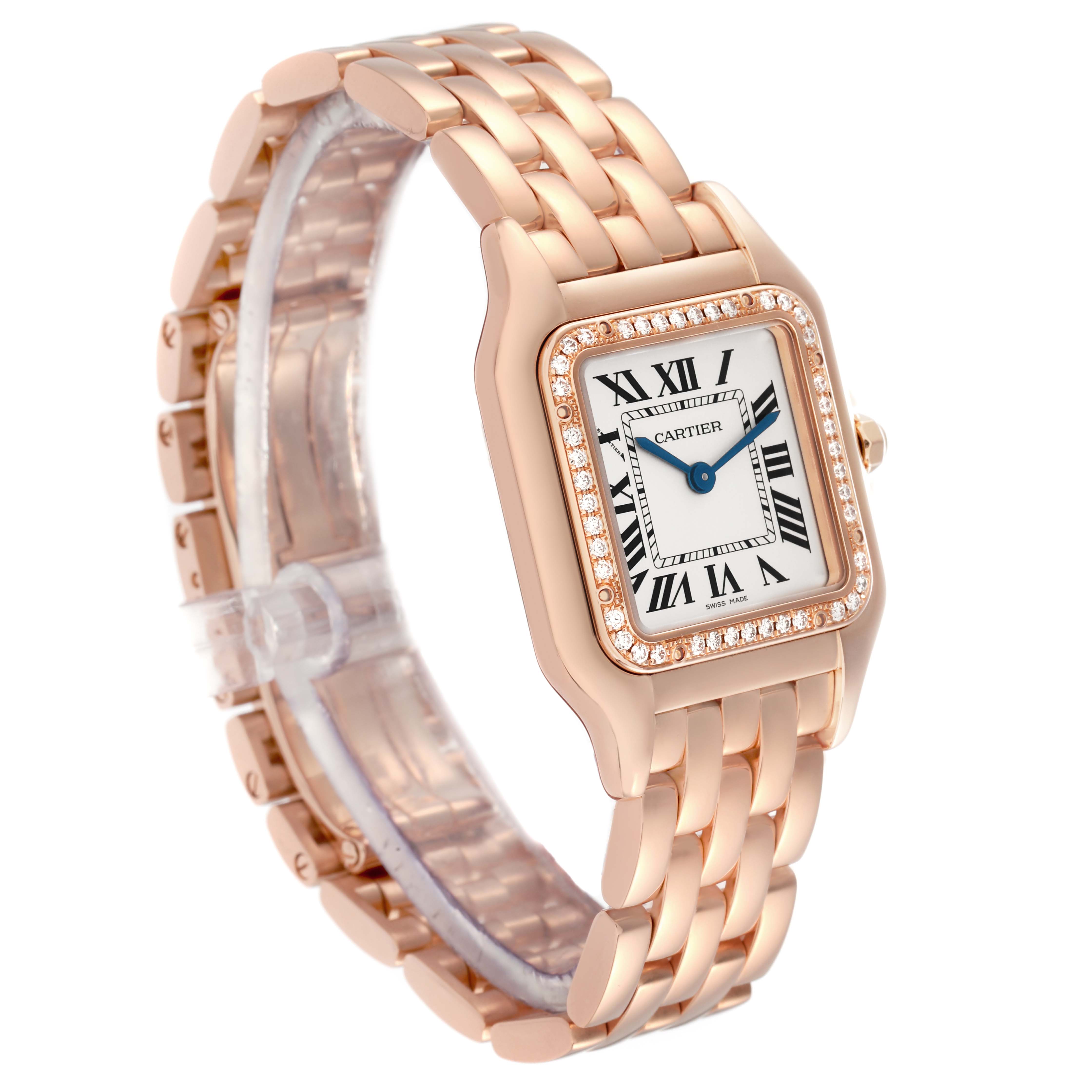 The Cartier Panthere WJPN0009 Women
s Rose Gold Silver Dial watch is shown at an angle highlighting its bracelet, bezel, and face with Roman numerals and blue hands.