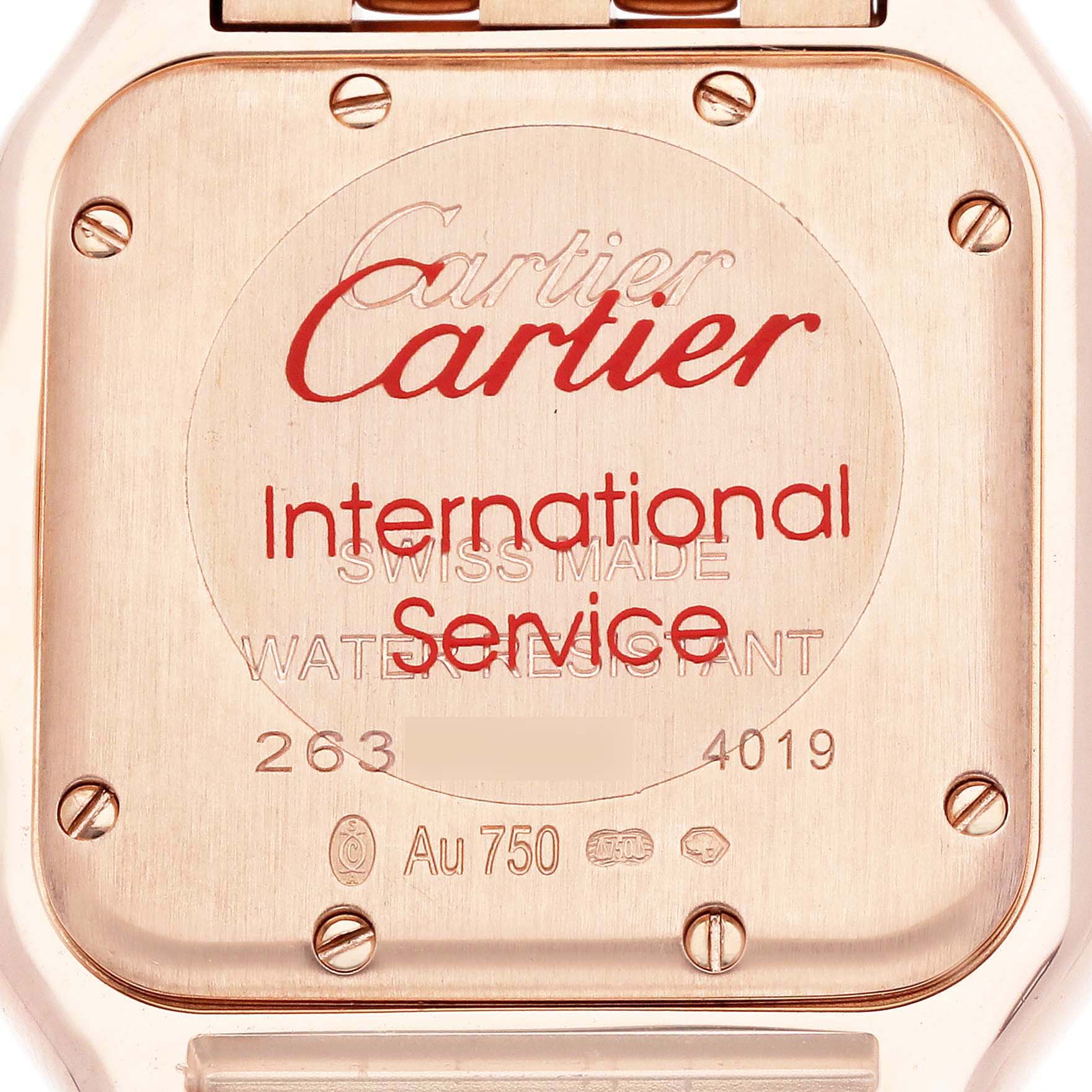 The image shows the back case of a Cartier Panthère watch, featuring screws and inscriptions including "Cartier International Service."