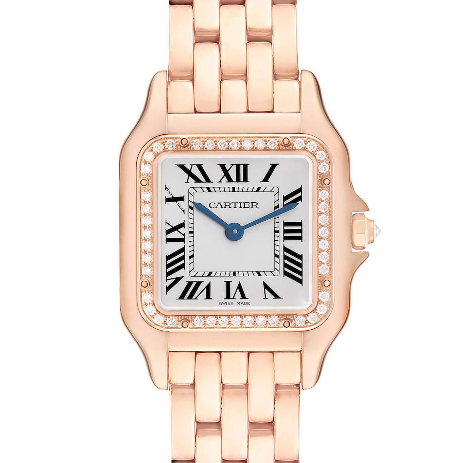 The Cartier Panthere model WJPN0009 is shown from a top view, highlighting its square face, Roman numerals, diamond bezel, and rose gold bracelet.
