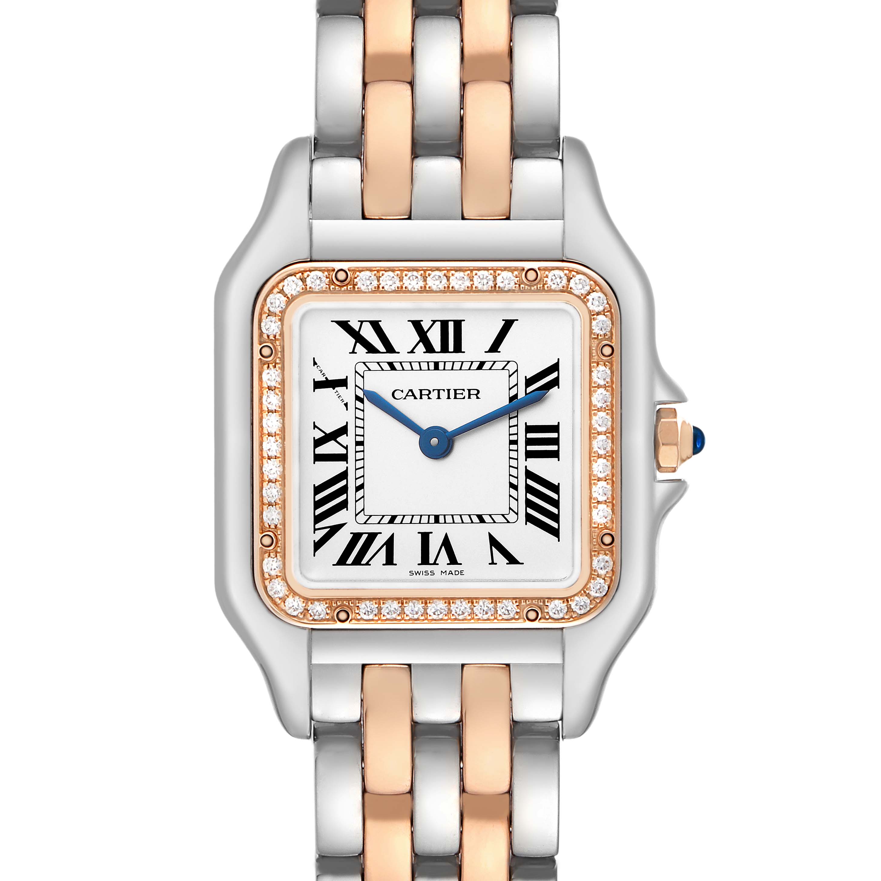 The Cartier Panthere W3PN0007 Women's Steel and Gold (two tone) Silver Dial watch is shown from a front angle, highlighting its two-tone bracelet and diamond-accented square bezel.