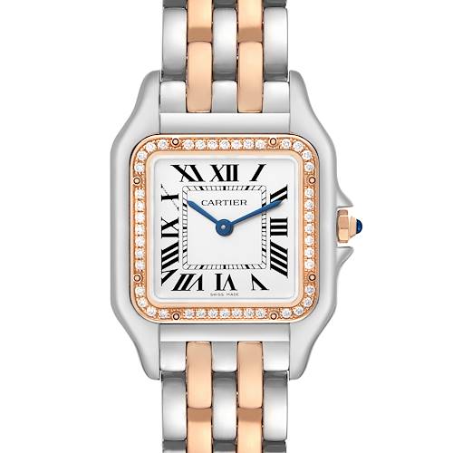 The Cartier Panthere W3PN0007 Women's Steel and Gold (two tone) Silver Dial watch is viewed from the front, showing its square face, Roman numerals, and two-tone metal bracelet.