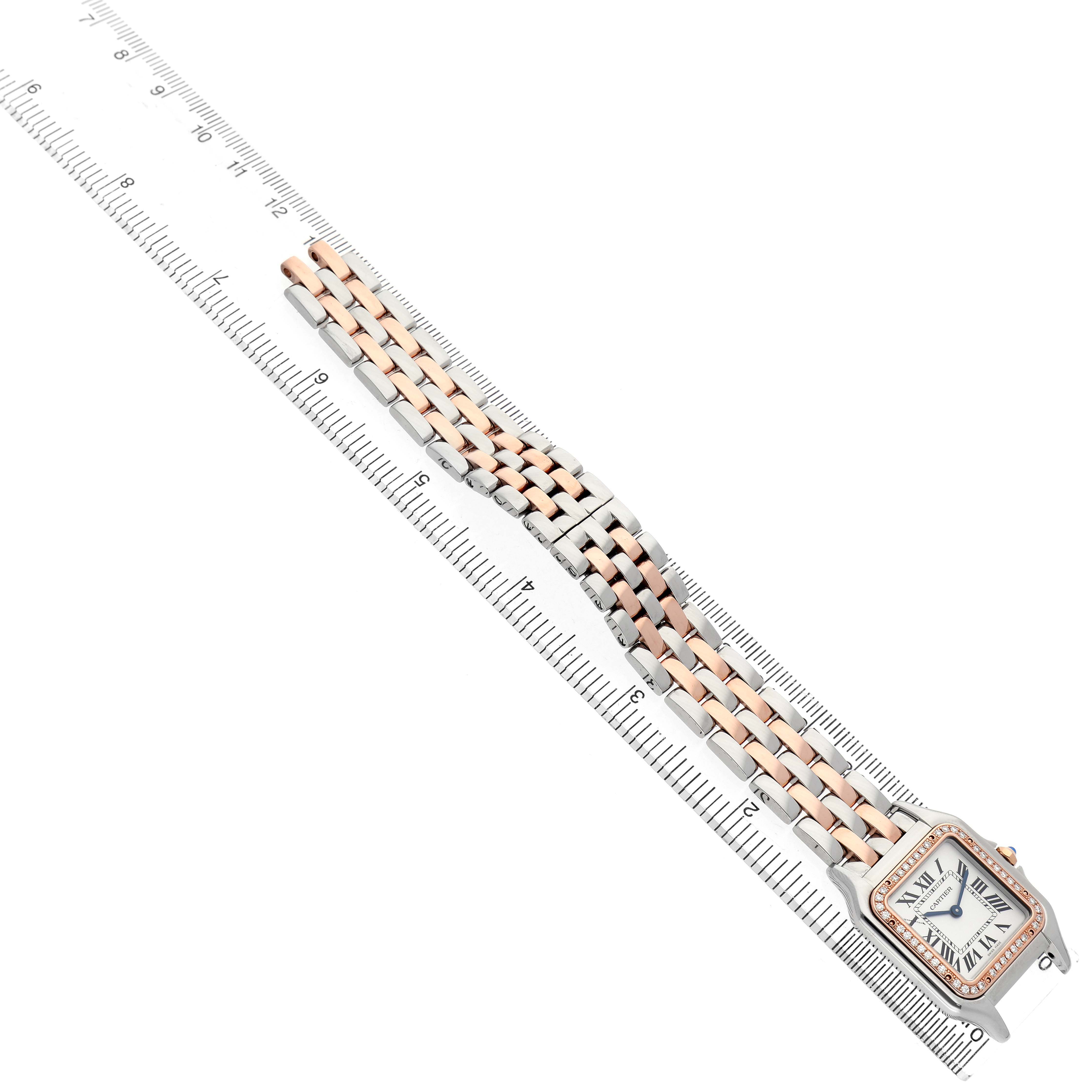 The Cartier Panthere W3PN0007 Women's Steel and Gold (two tone) Silver Dial watch is shown from a top-down angle, highlighting its dual-tone band and square dial.