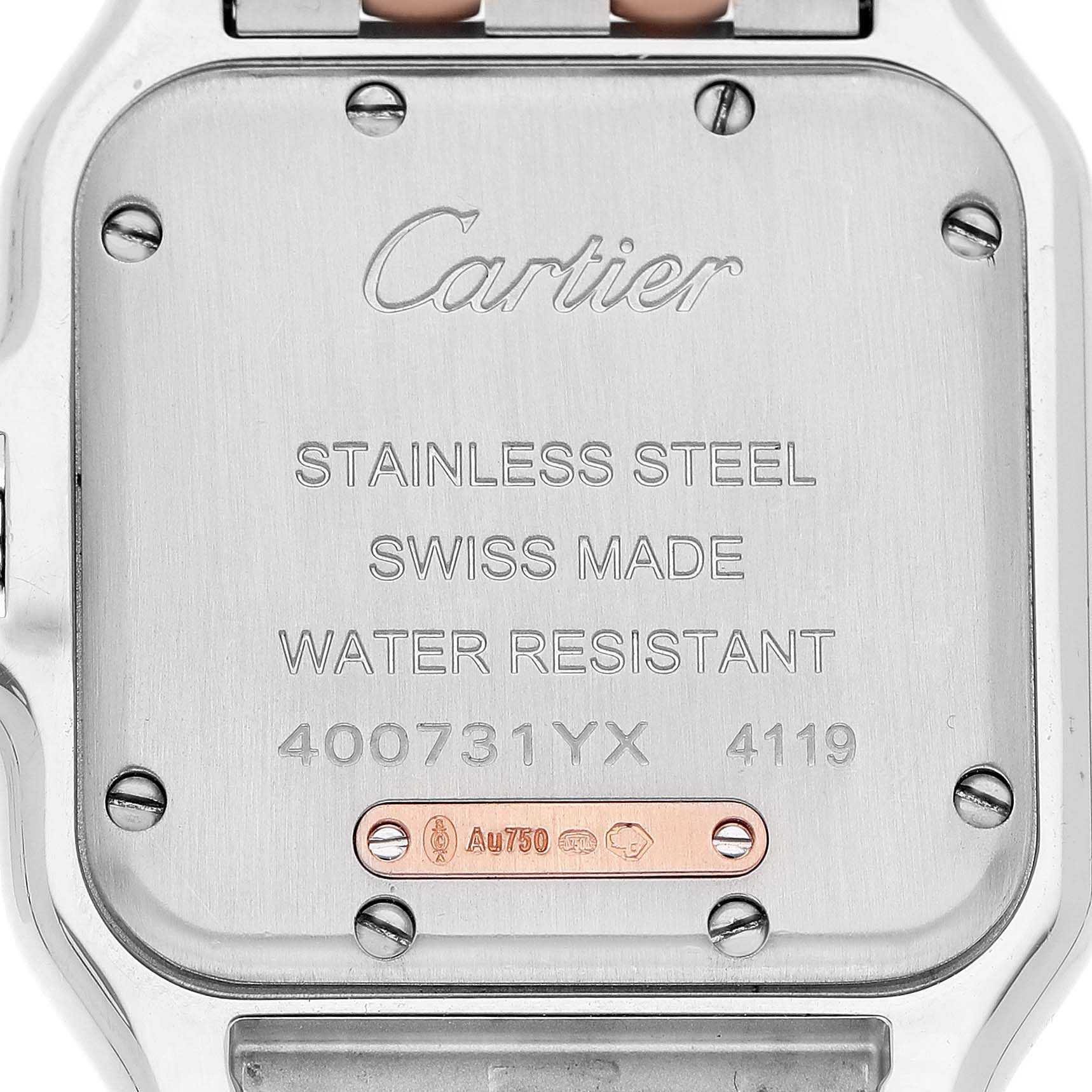 The image shows the back of a Cartier Panthere W3PN0007 Women's Steel and Gold (two tone) Silver Dial watch, highlighting its stainless steel and inscriptions.