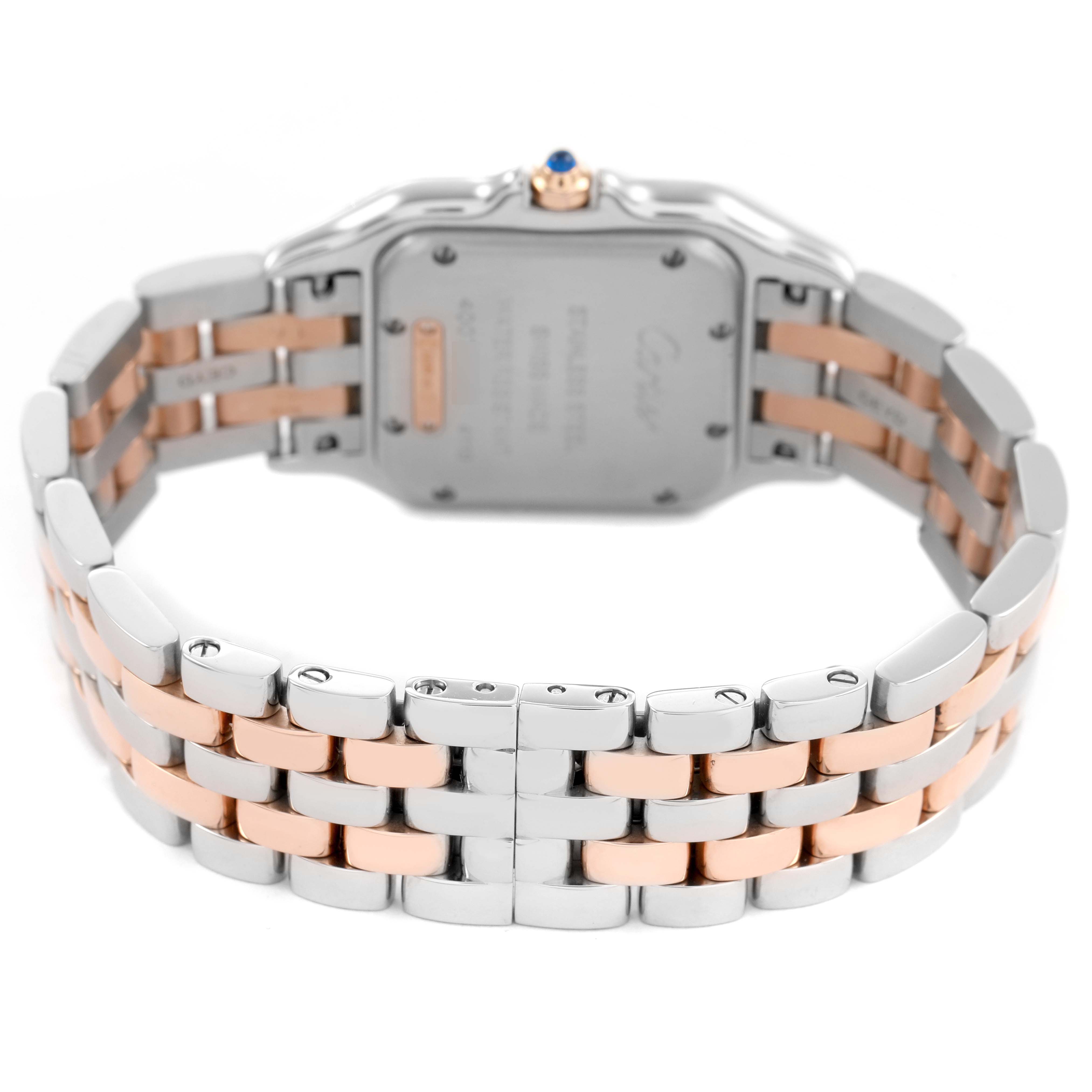 The Cartier Panthere W3PN0007 Women's Steel and Gold (two tone) Silver Dial watch is shown from the back, highlighting the case back and two-tone bracelet.