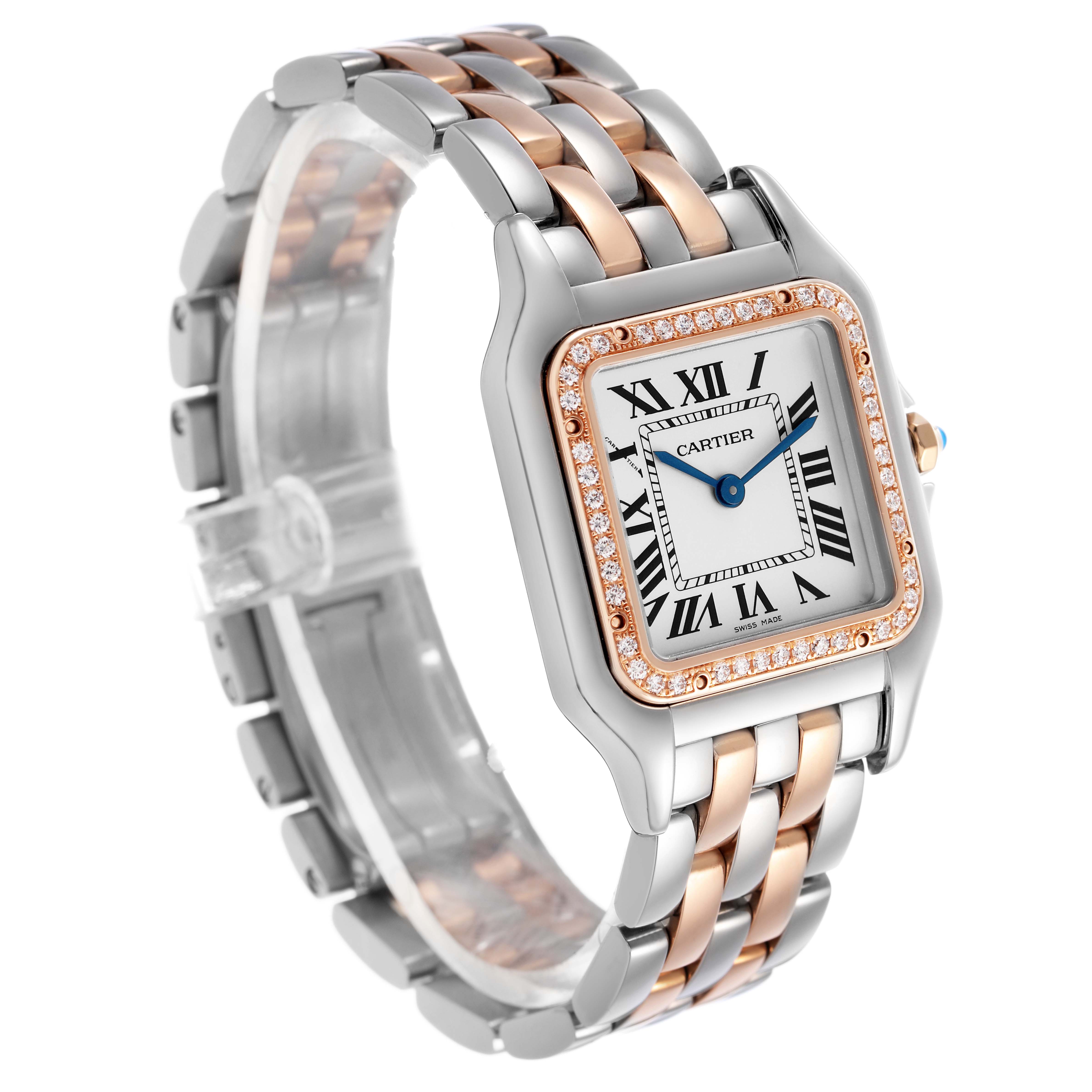 The Cartier Panthère watch is shown at a three-quarter angle, highlighting its gold and silver bracelet and diamond-encrusted bezel.