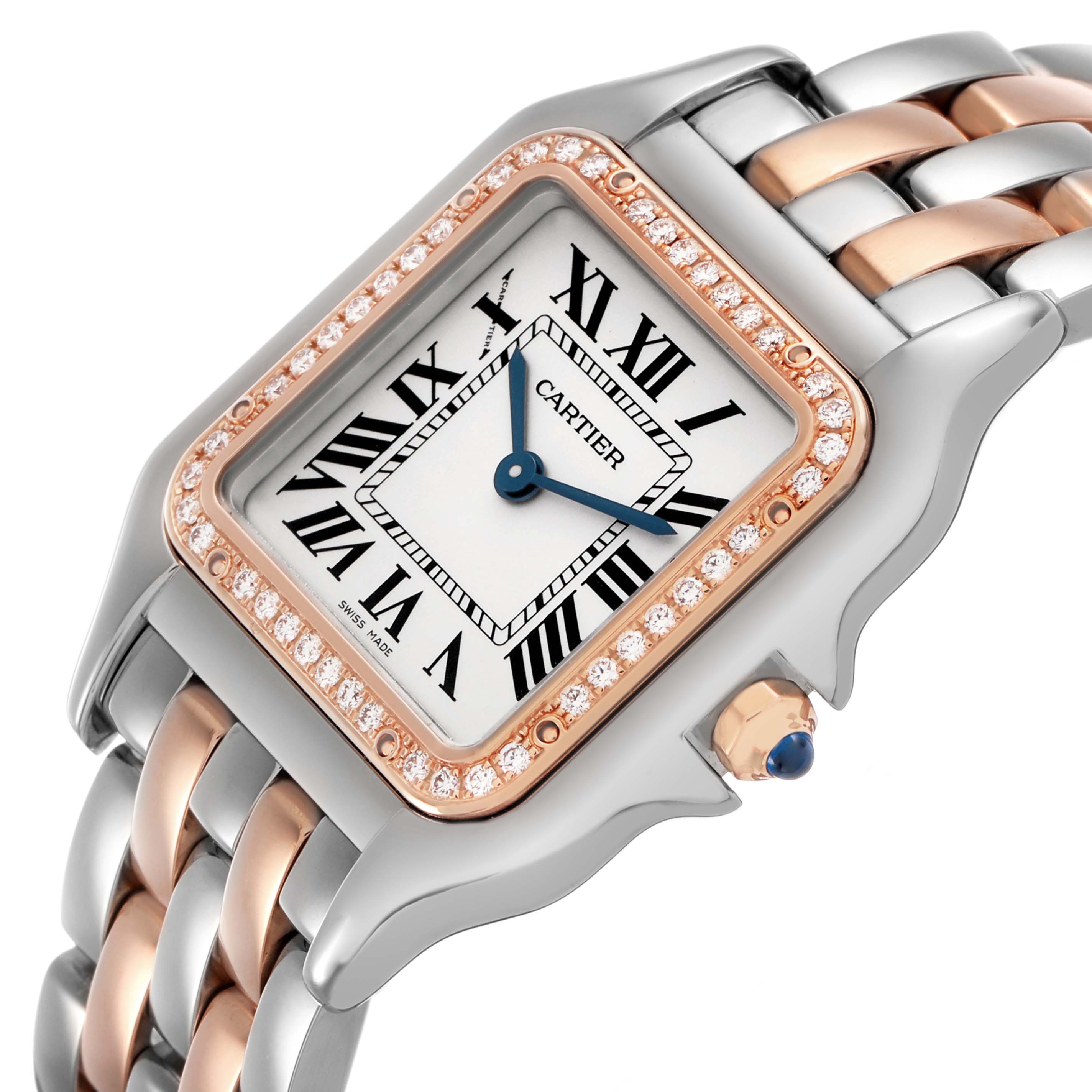 The Cartier Panthere W3PN0007 Women's Steel and Gold (two tone) Silver Dial watch is shown at an angle highlighting its rectangular face, diamond bezel, and two-tone bracelet.