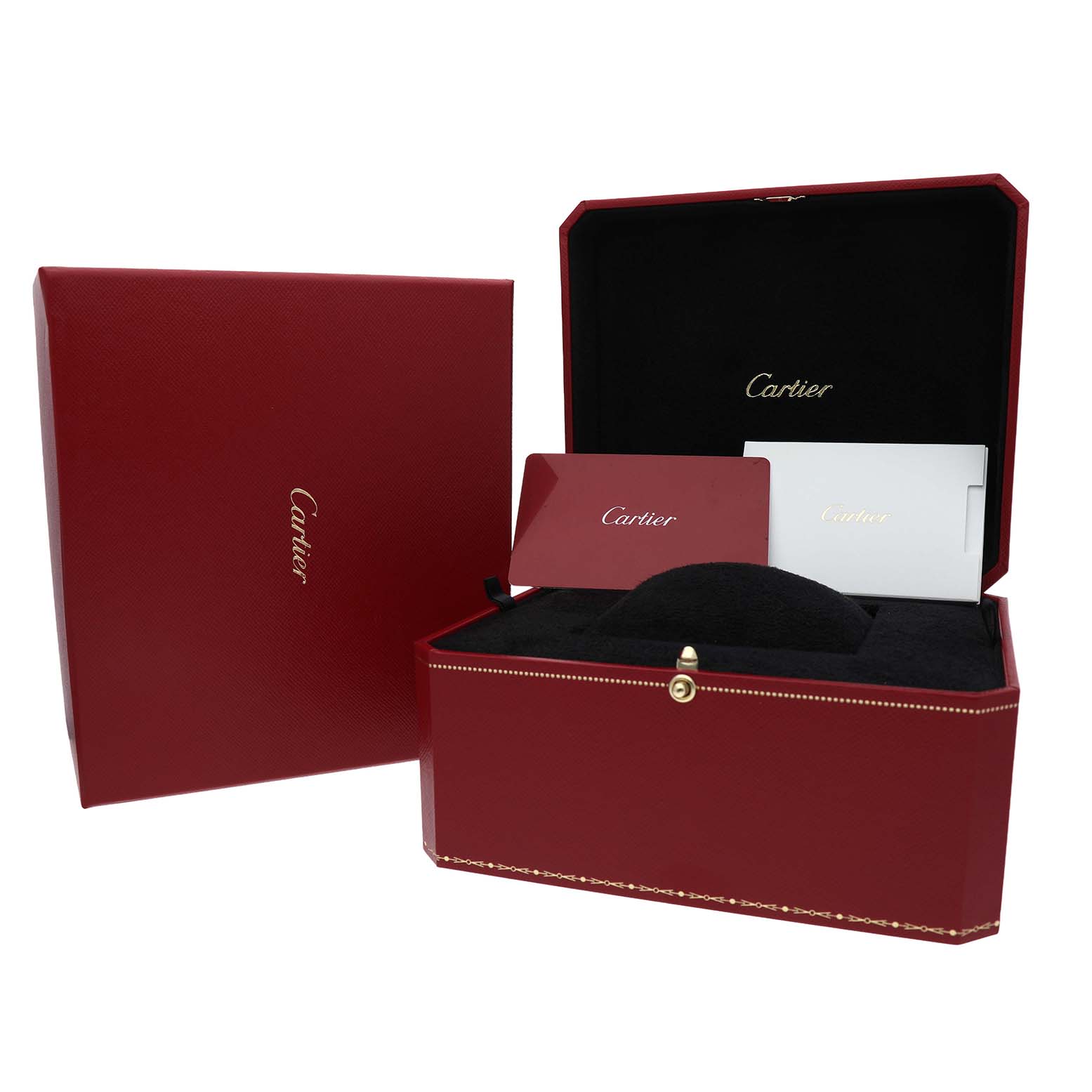 The image shows a Cartier Panthere W3PN0007 Women's Steel and Gold (two tone) Silver Dial watch box and accessories, including a red case and branding cards, viewed from the front angle.