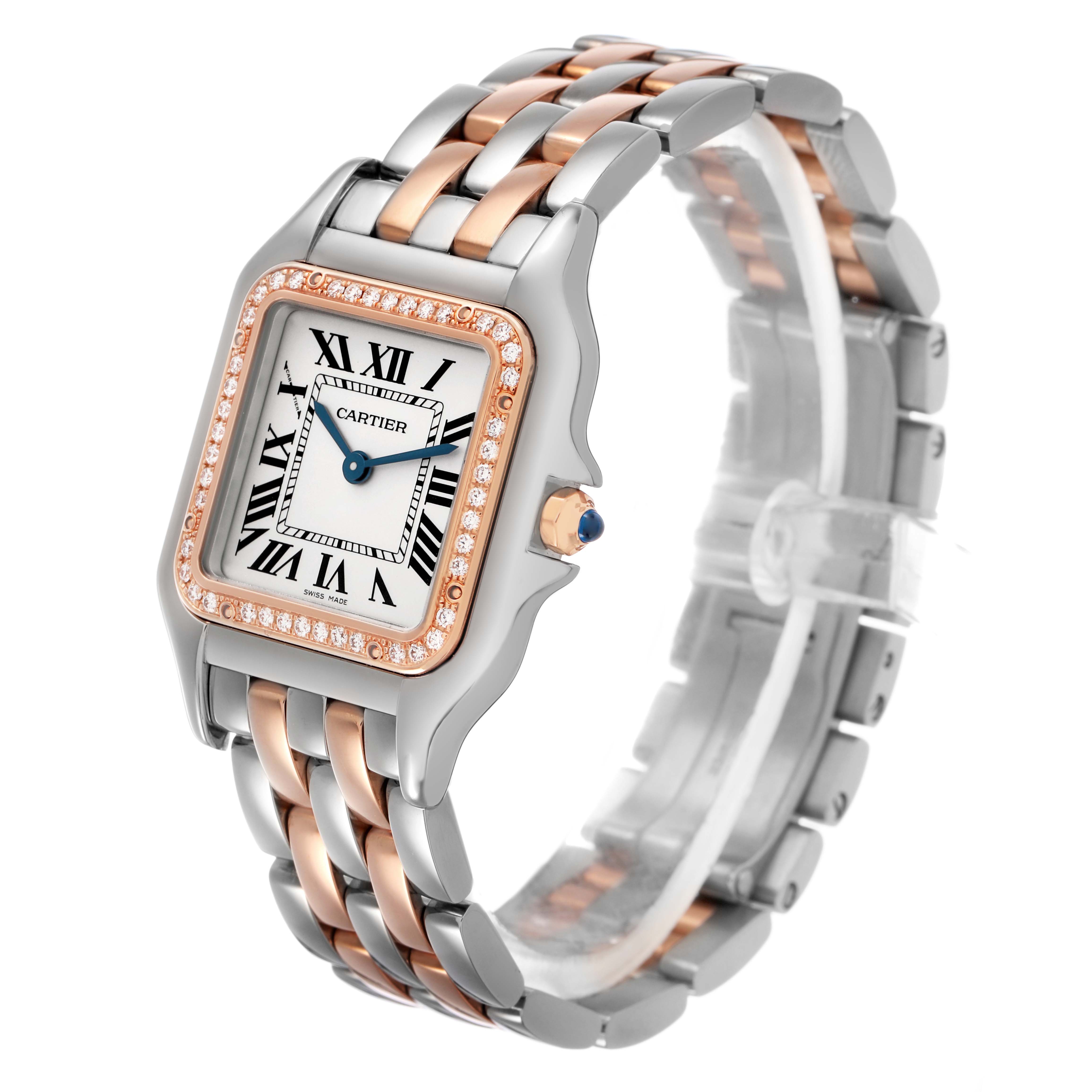 The image shows a Cartier Panthere W3PN0007 Women's Steel and Gold (two tone) Silver Dial watch at a three-quarter angle, highlighting its face, bezel, and bracelet.