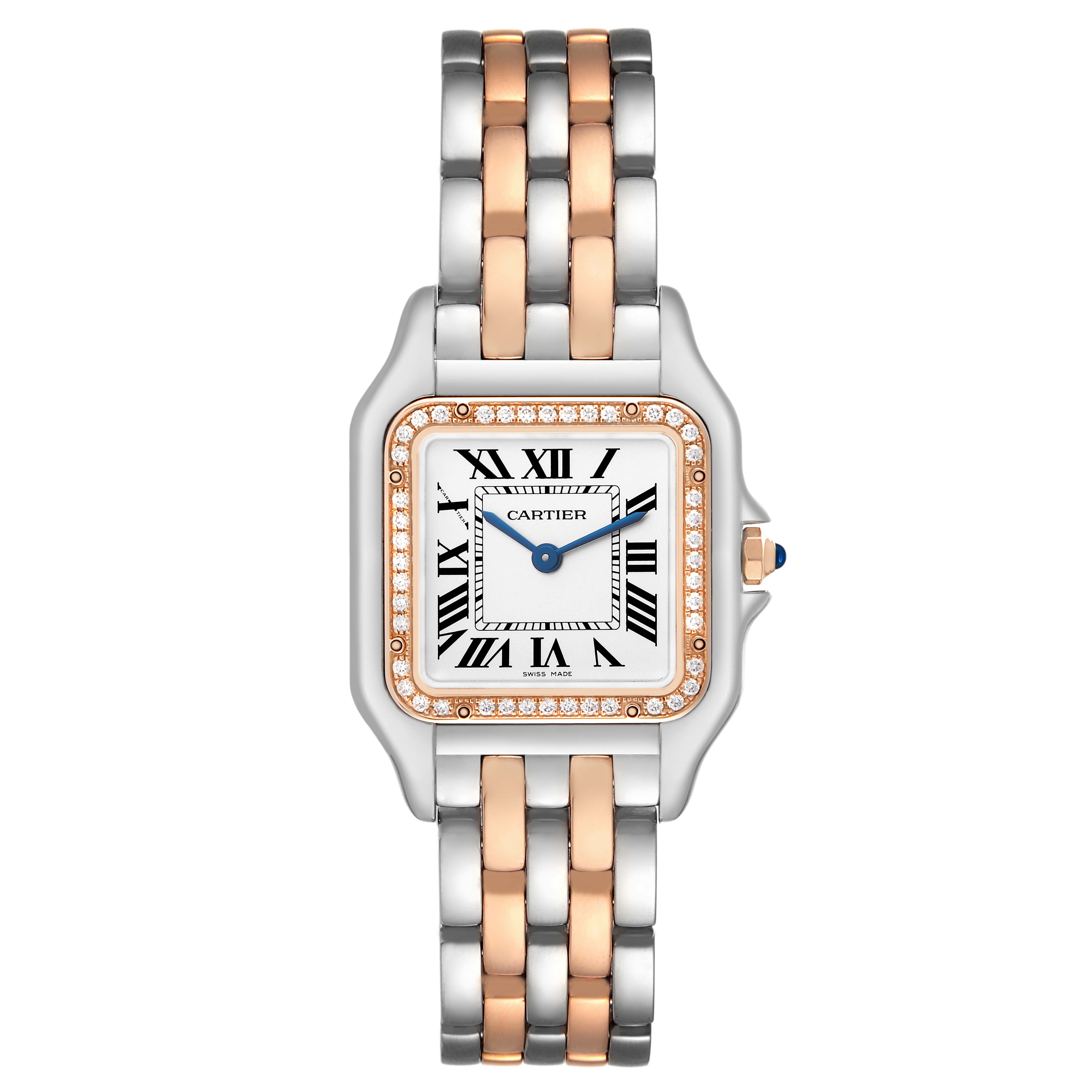 The image shows a Cartier Panthère watch from a top view, featuring a two-tone bracelet and a diamond-encrusted square bezel.