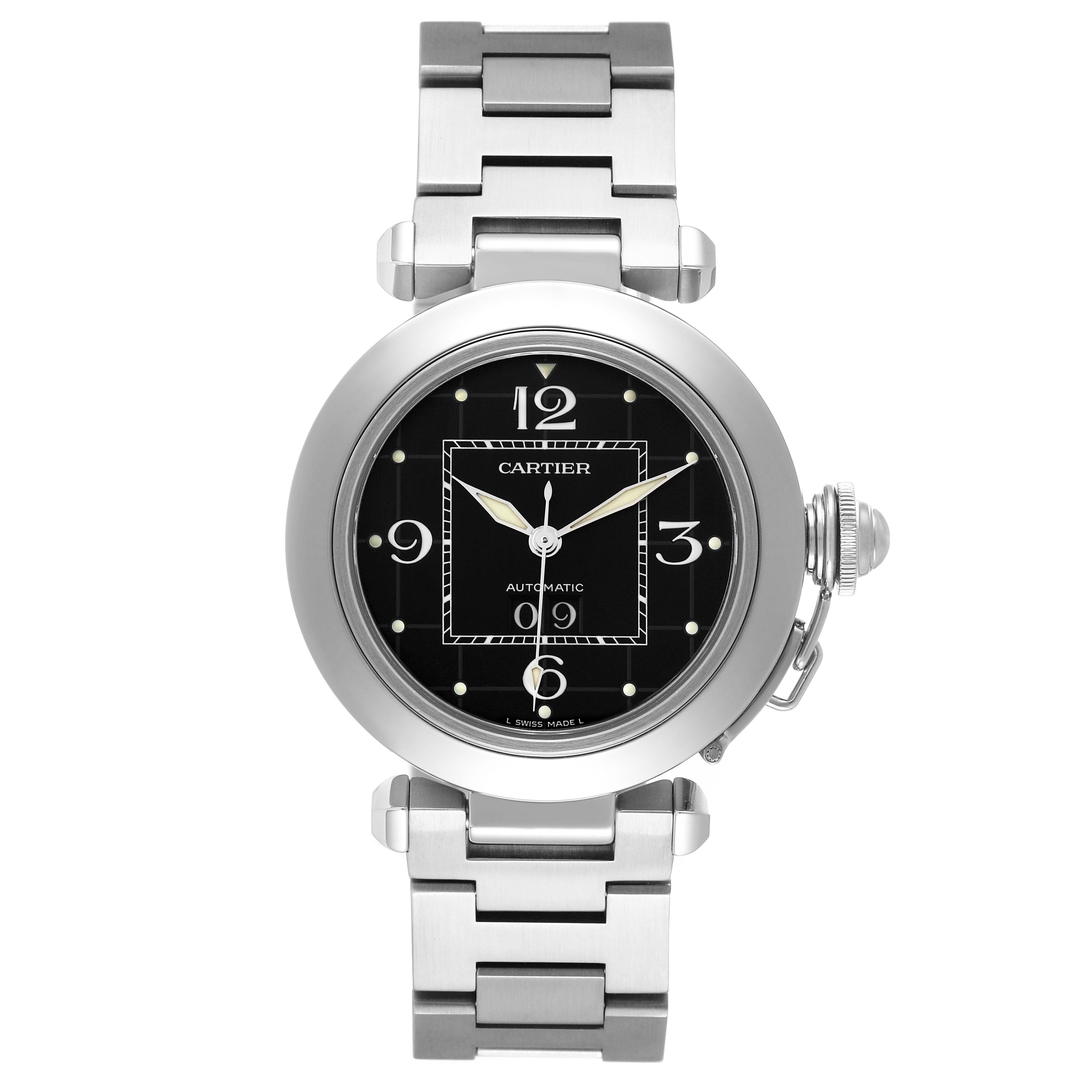 The image shows a frontal view of the Cartier Pasha W31053M7 Women's Stainless Steel Black Dial W31053M7 Women's Stainless Steel Black Dial watch including its black dial, case, and stainless steel bracelet.