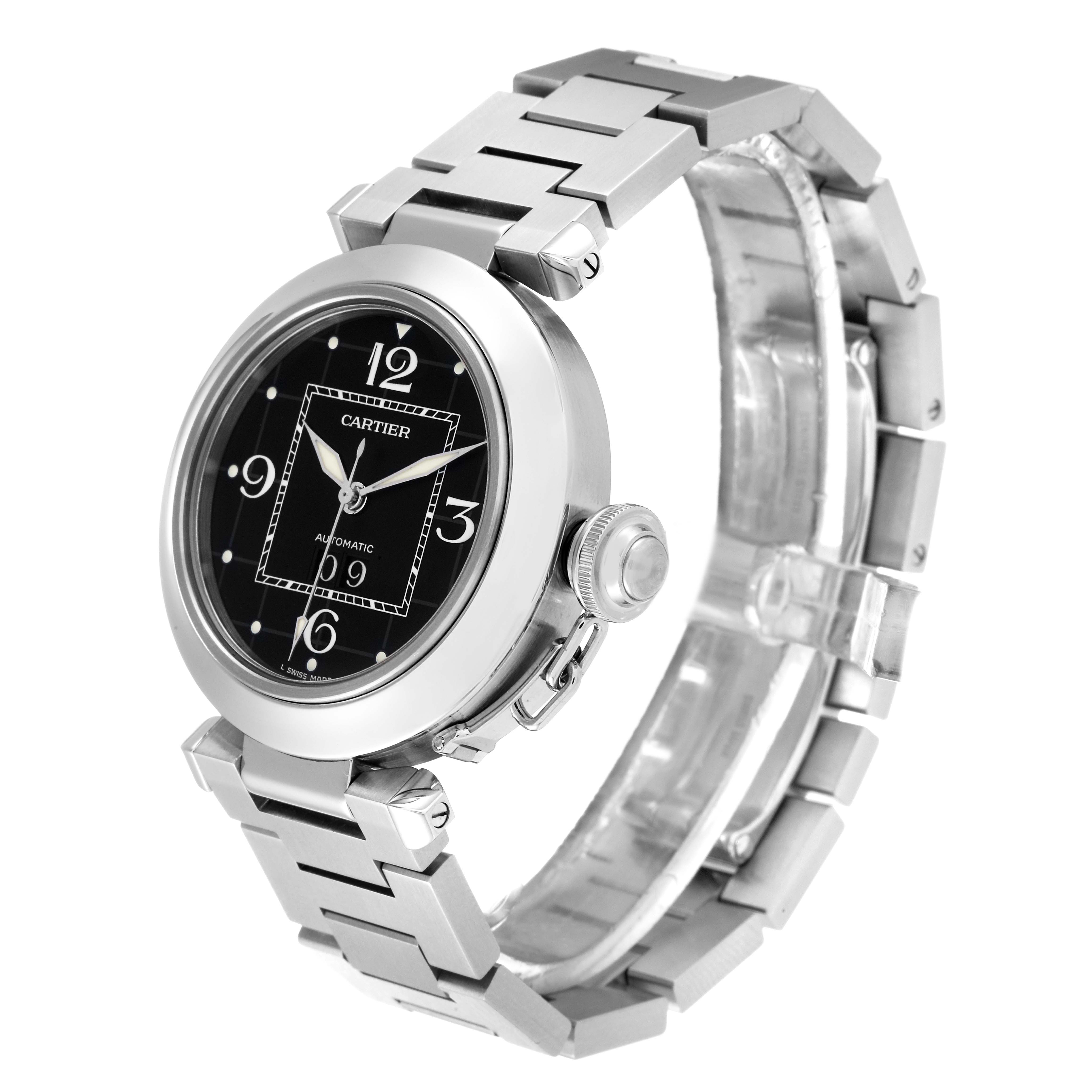 The Cartier Pasha W31053M7 Women's Stainless Steel Black Dial W31053M7 Women's Stainless Steel Black Dial watch is shown at a 3/4 angle, displaying its face, bezel, crown, and metal bracelet.