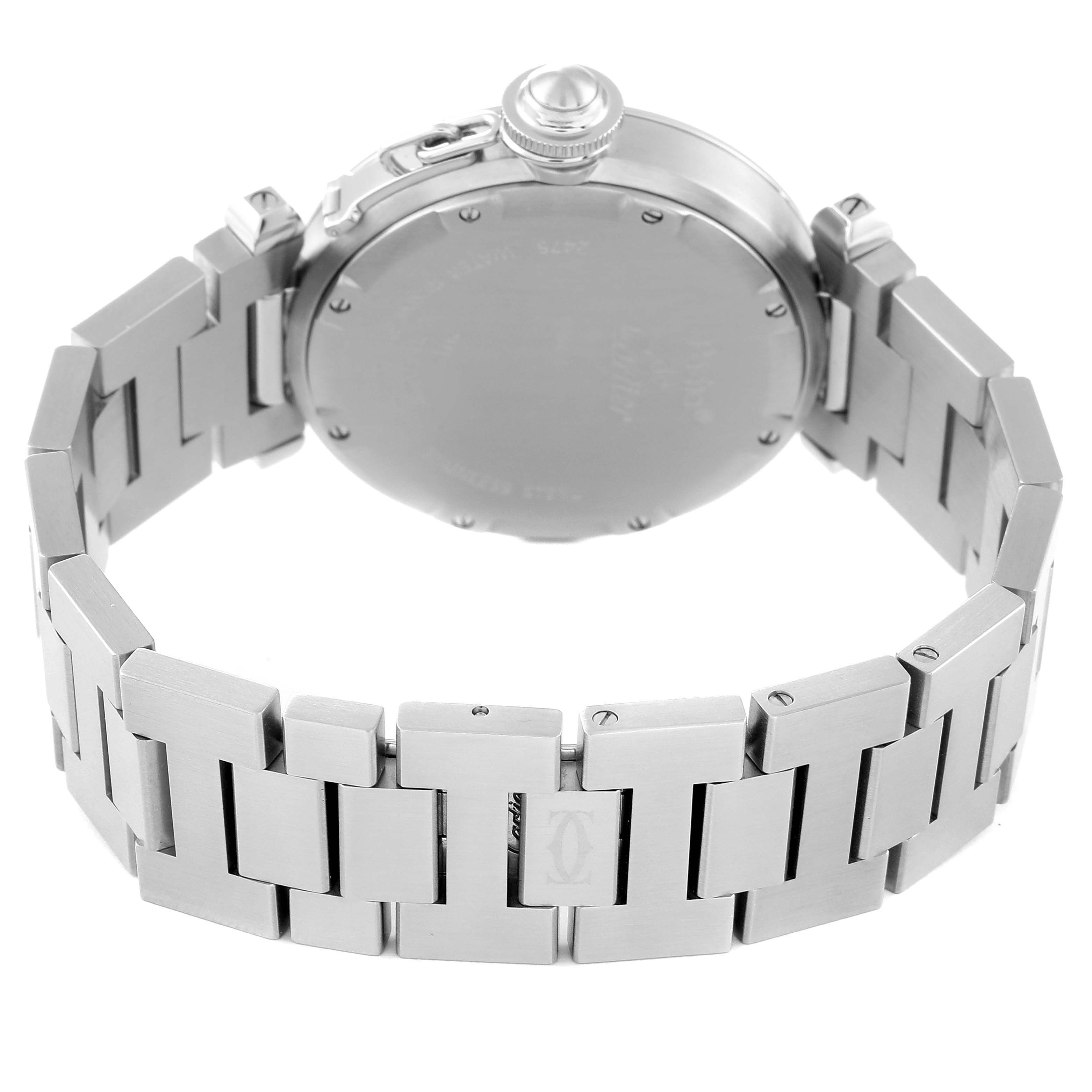 The image shows the back and bracelet of a Cartier Pasha W31053M7 Women's Stainless Steel Black Dial W31053M7 Women's Stainless Steel Black Dial watch, highlighting its clasp and case back.
