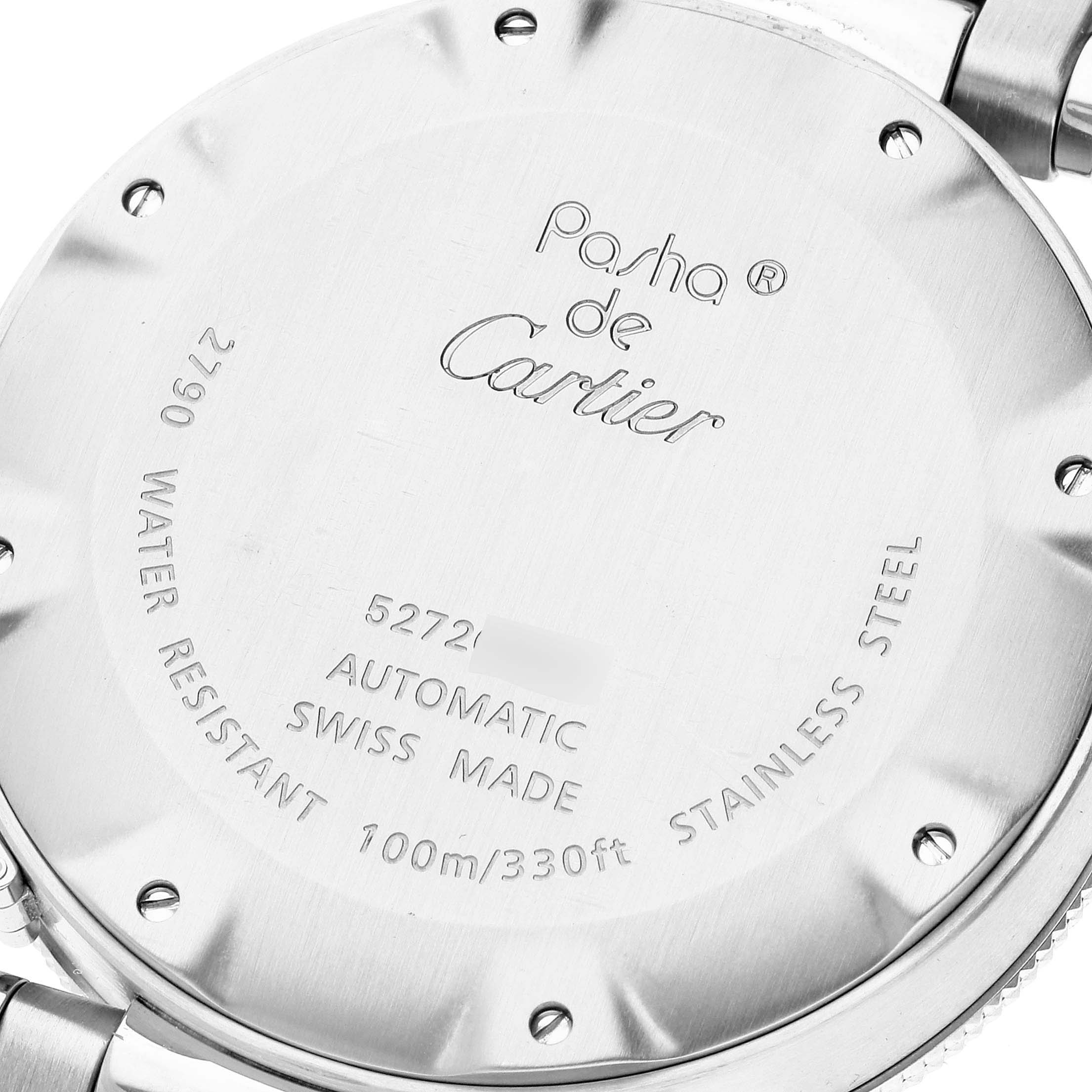 The image shows the back casing of a Cartier Pasha W31077M7 Men's Stainless Steel Black Dial W31077M7 Men's Stainless Steel Black Dial watch, highlighting its stainless steel construction and engraved details.