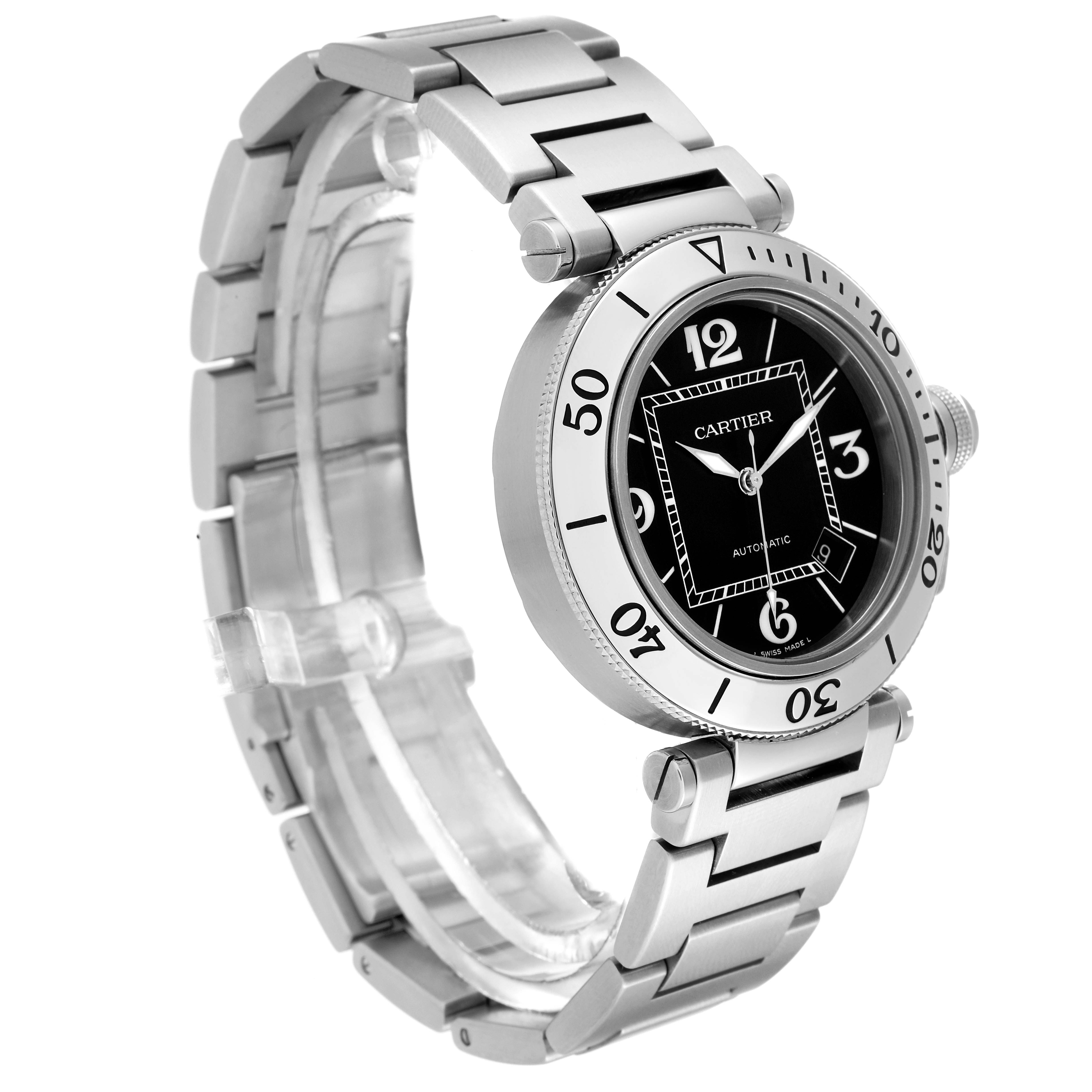 This image shows a Cartier Pasha W31077M7 Men's Stainless Steel Black Dial W31077M7 Men's Stainless Steel Black Dial watch in a side-angle view, highlighting its stainless steel bracelet and bezel.