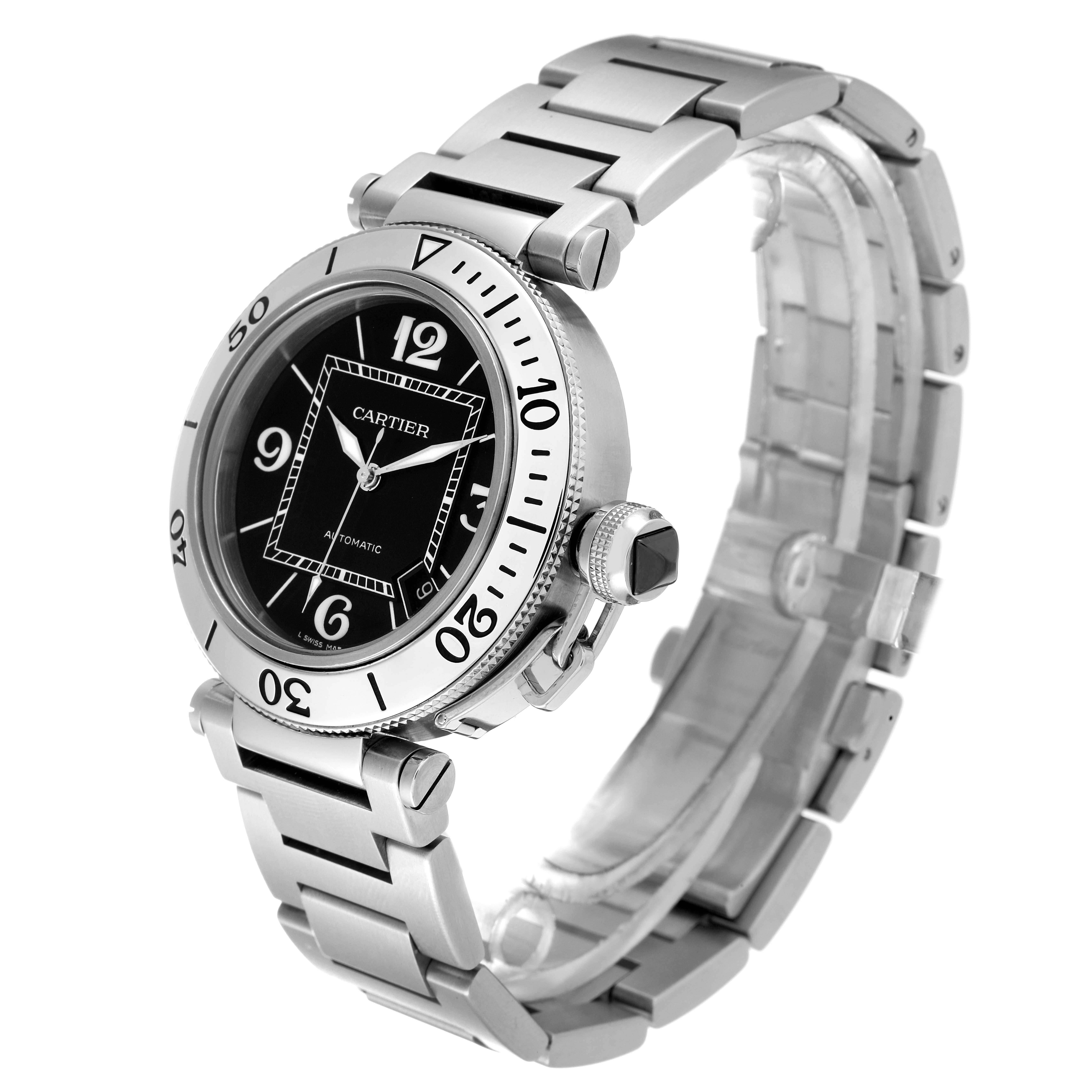 The image shows a side angle of a Cartier Pasha W31077M7 Men's Stainless Steel Black Dial W31077M7 Men's Stainless Steel Black Dial watch, highlighting the dial, bezel, crown, and metal bracelet.