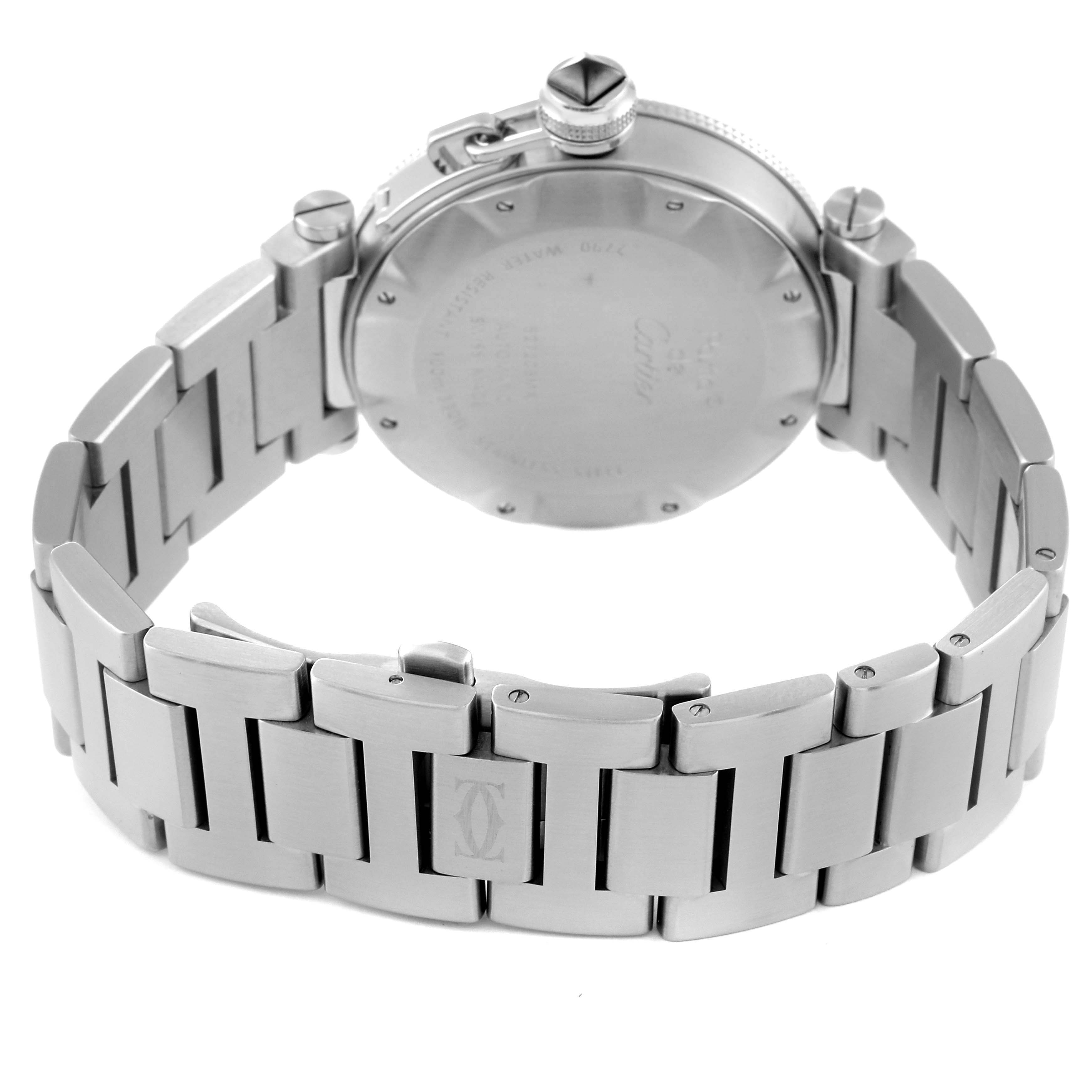 The image shows the back view of a Cartier Pasha W31077M7 Men's Stainless Steel Black Dial W31077M7 Men's Stainless Steel Black Dial model watch, highlighting the case back and metal bracelet.