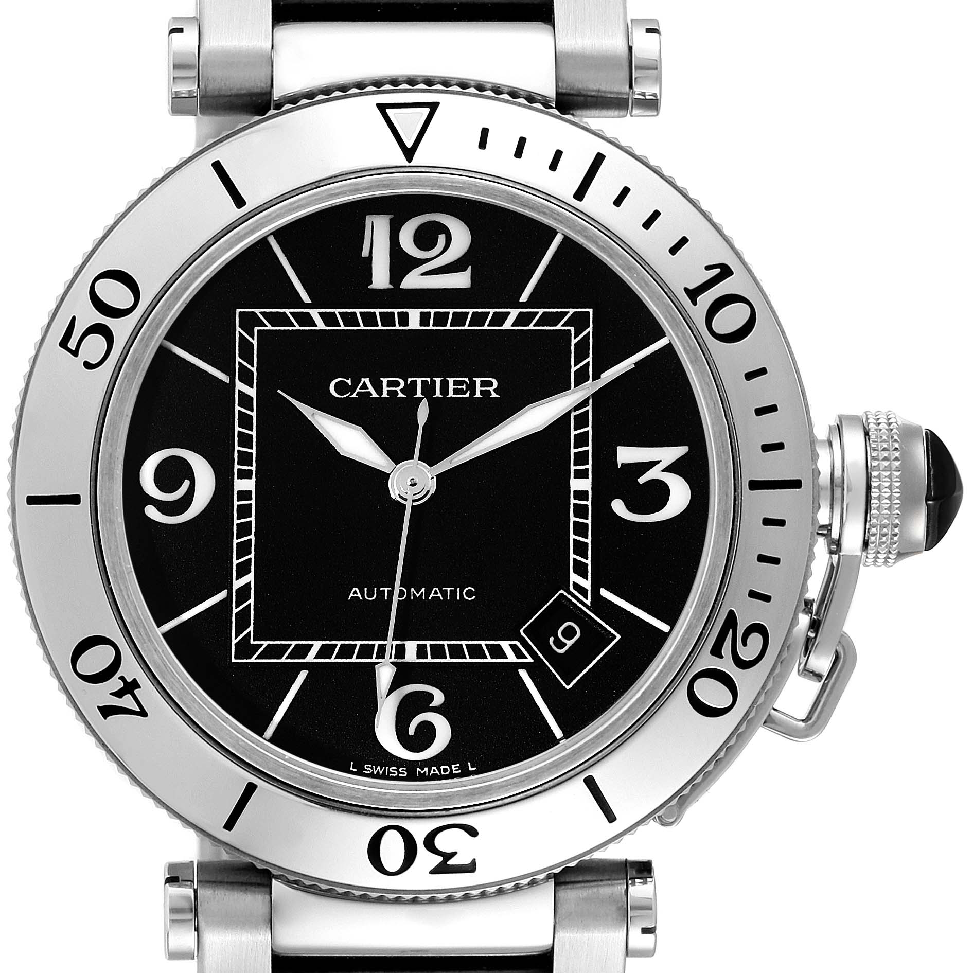 The Cartier Pasha W31077M7 Men's Stainless Steel Black Dial W31077M7 Men's Stainless Steel Black Dial watch is shown from a front angle, highlighting the face, bezel, crown, and part of the bracelet.