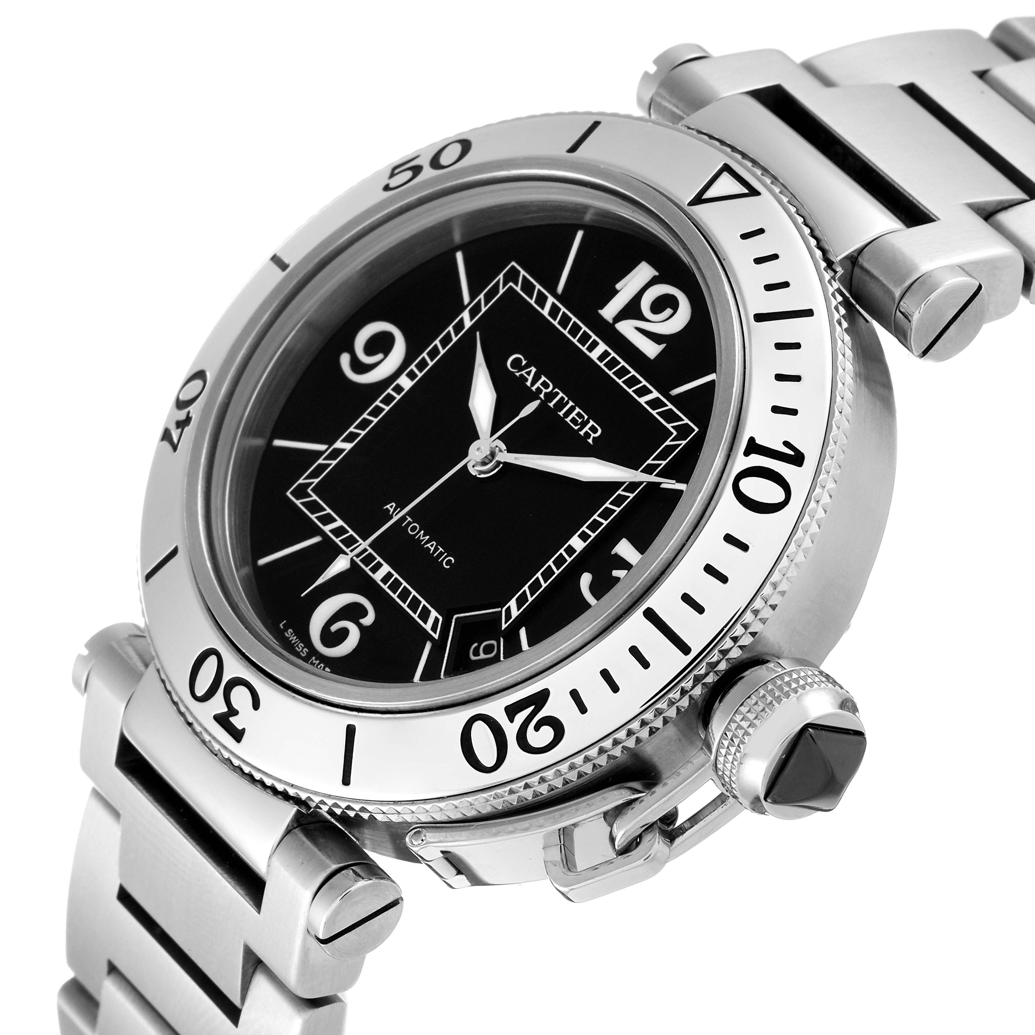 The image shows a close-up angled view of the Cartier Pasha W31077M7 Men's Stainless Steel Black Dial W31077M7 Men's Stainless Steel Black Dial watch, highlighting the dial, bezel, crown, and part of the bracelet.