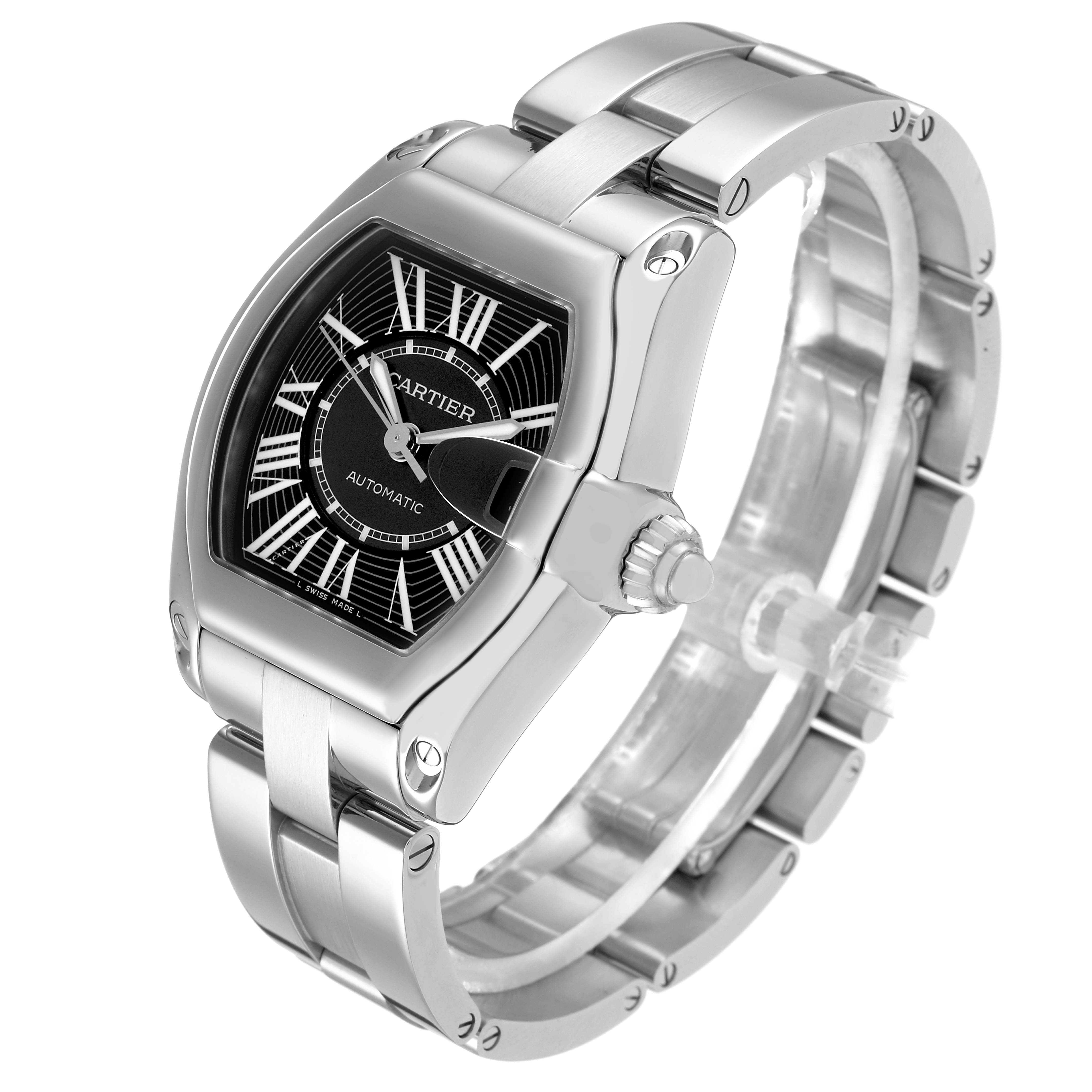 The Cartier Roadster W62041V3 Men
s Stainless Steel Black Dial watch is shown at an angle highlighting the face, bezel, crown, and bracelet.