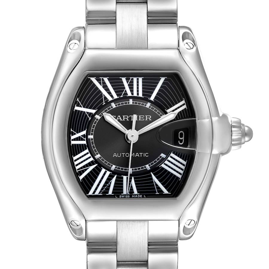 The Cartier Roadster model W62041V3 men's watch is shown from a top-down angle, highlighting its dial, bezel, date display, bracelet, and crown.