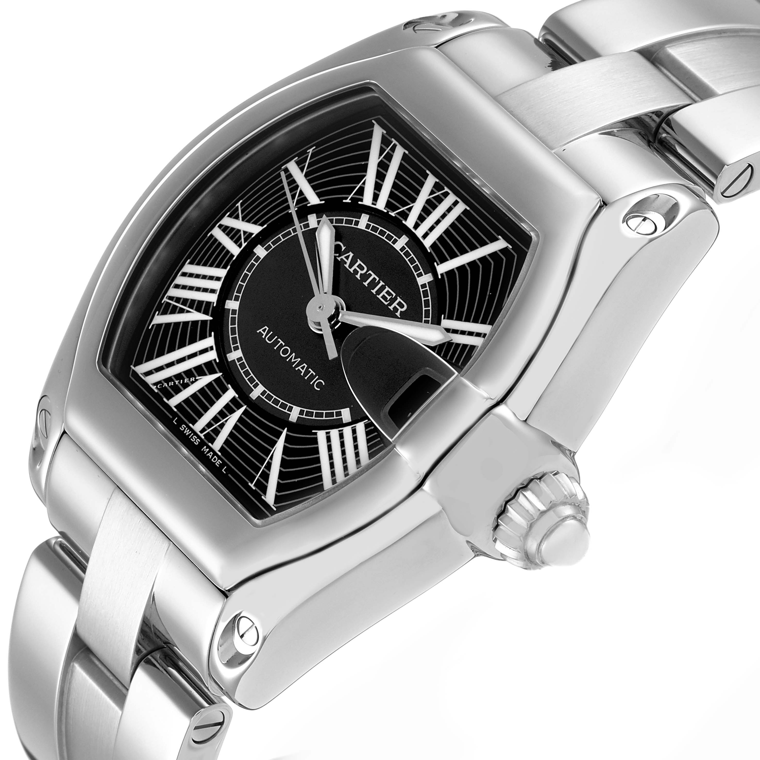 The Cartier Roadster W62041V3 Men
s Stainless Steel Black Dial watch is shown from a slight side angle, highlighting its case, dial, and bracelet.