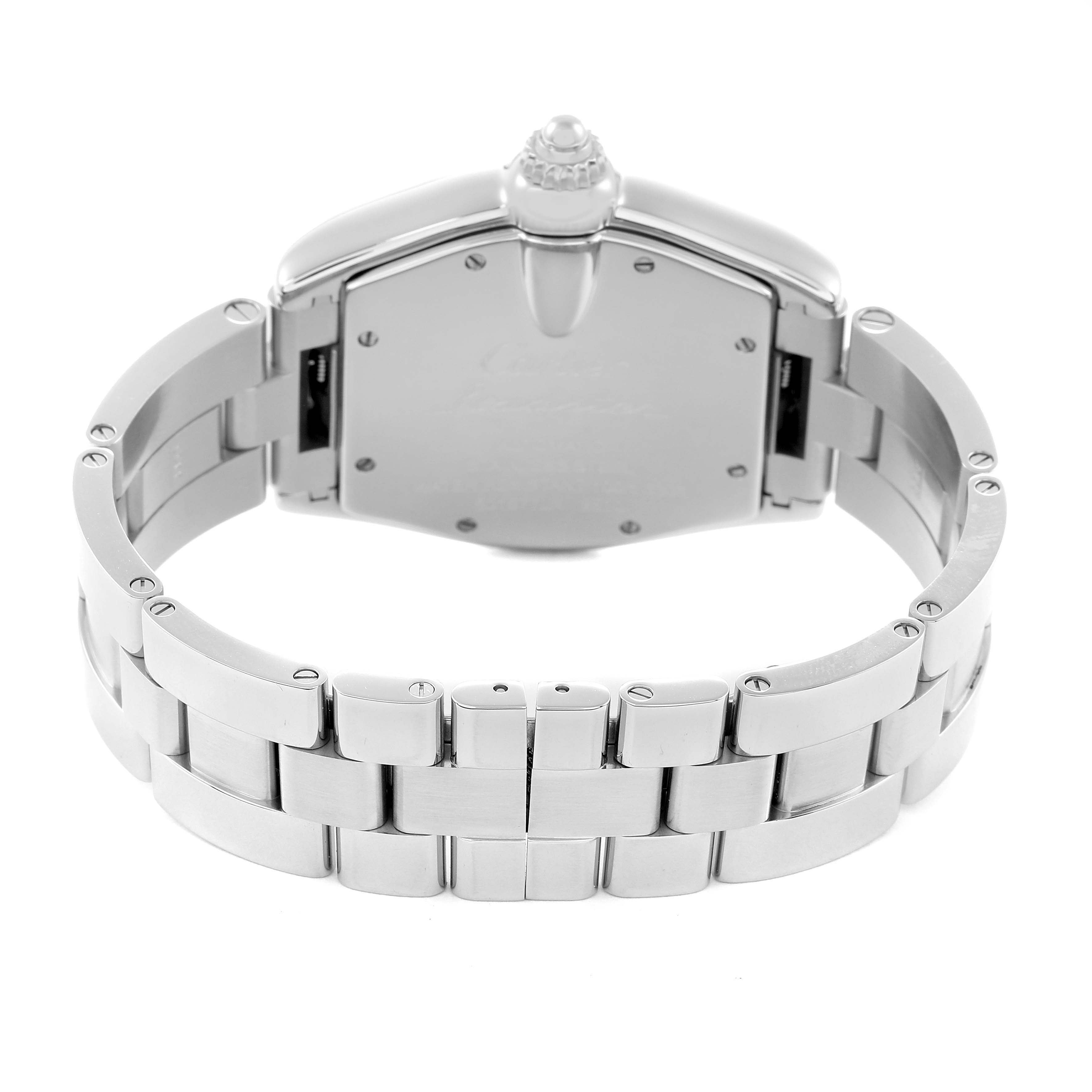 The image shows the back view of a Cartier Roadster W62041V3 Men
s Stainless Steel Black Dial watch, highlighting the bracelet and clasp.