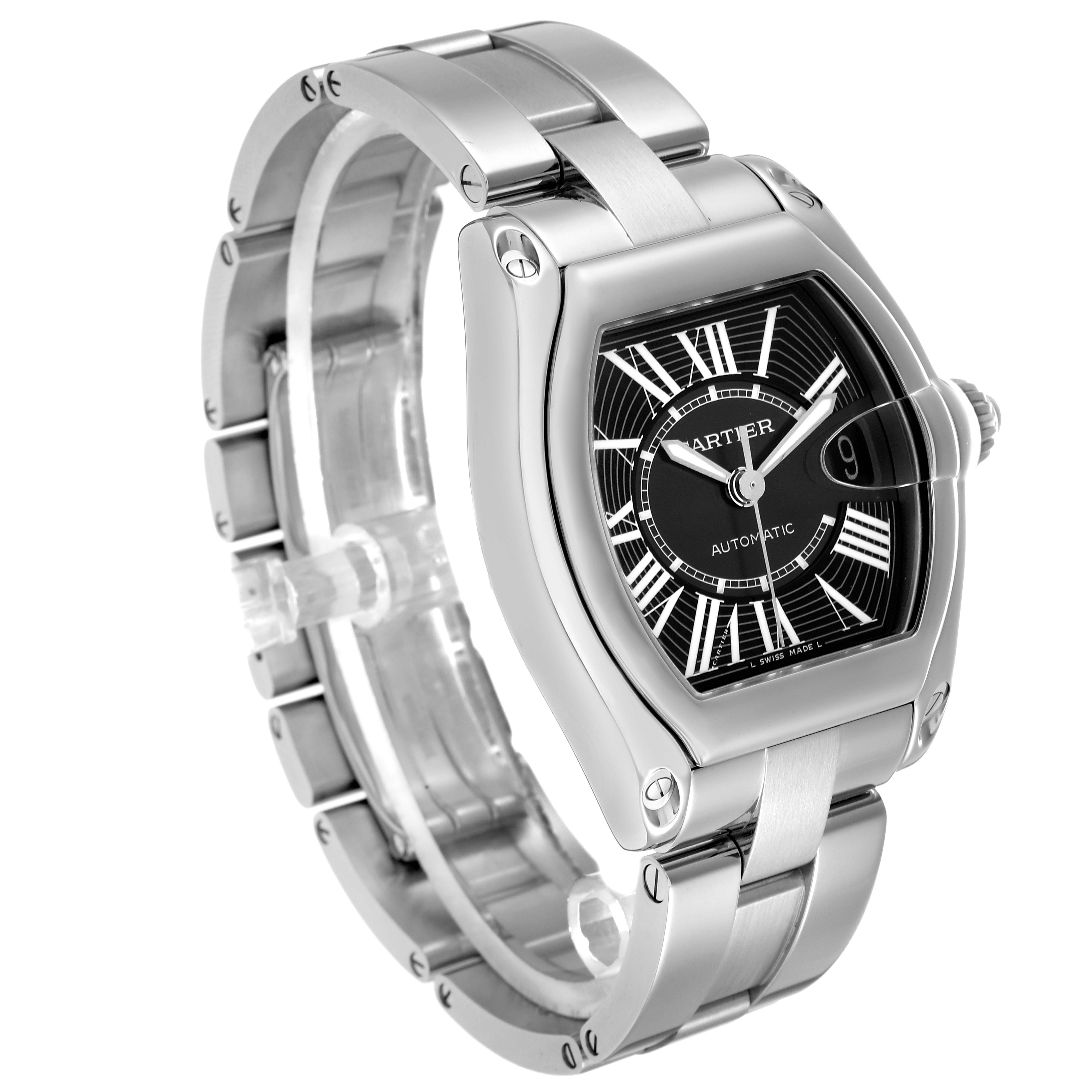 The Cartier Roadster W62041V3 Men
s Stainless Steel Black Dial watch is shown at an angle highlighting its face, case, and bracelet.