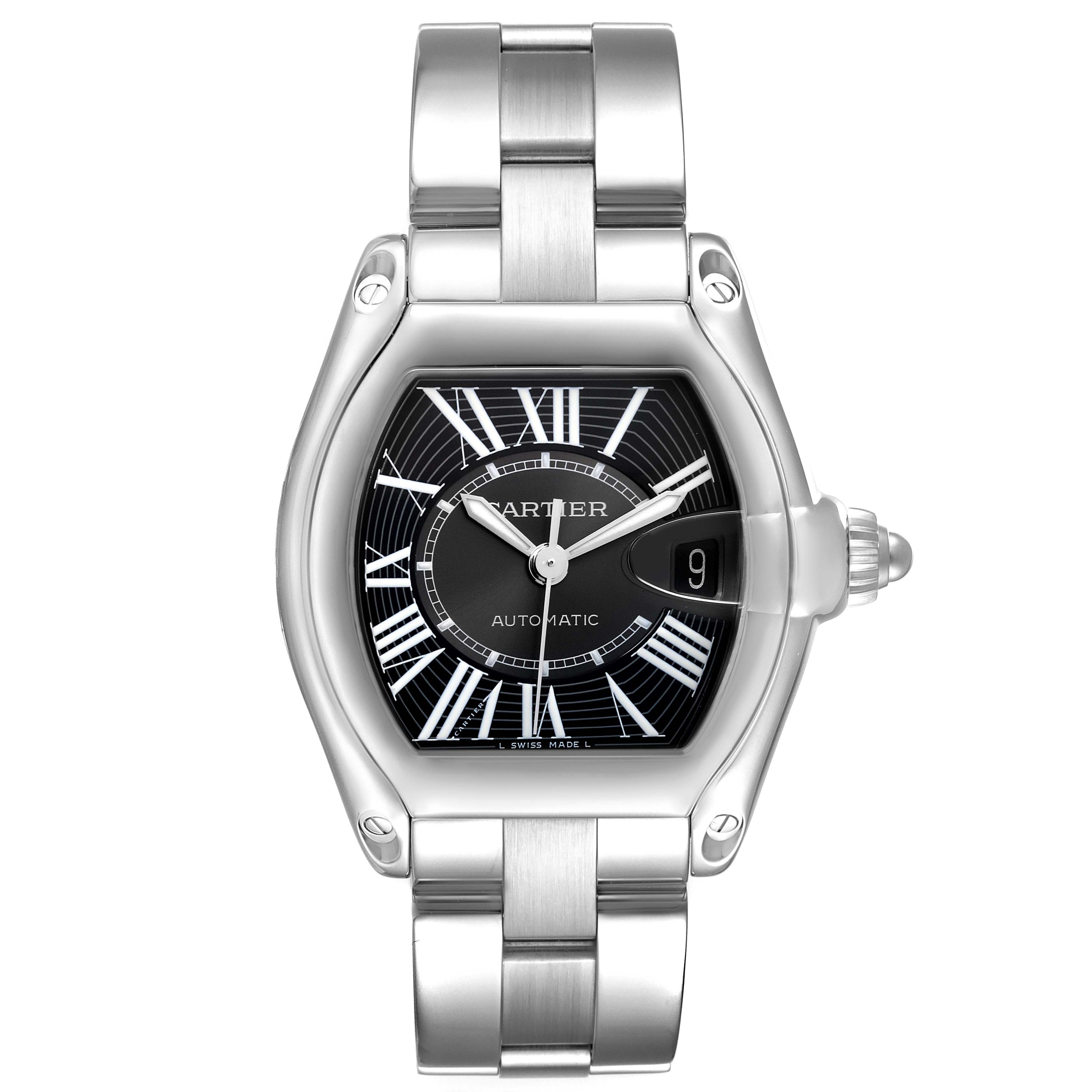 This Cartier Roadster W62041V3 Men
s Stainless Steel Black Dial watch is shown from a straight-on angle, highlighting the dial, bezel, bracelet, and crown.