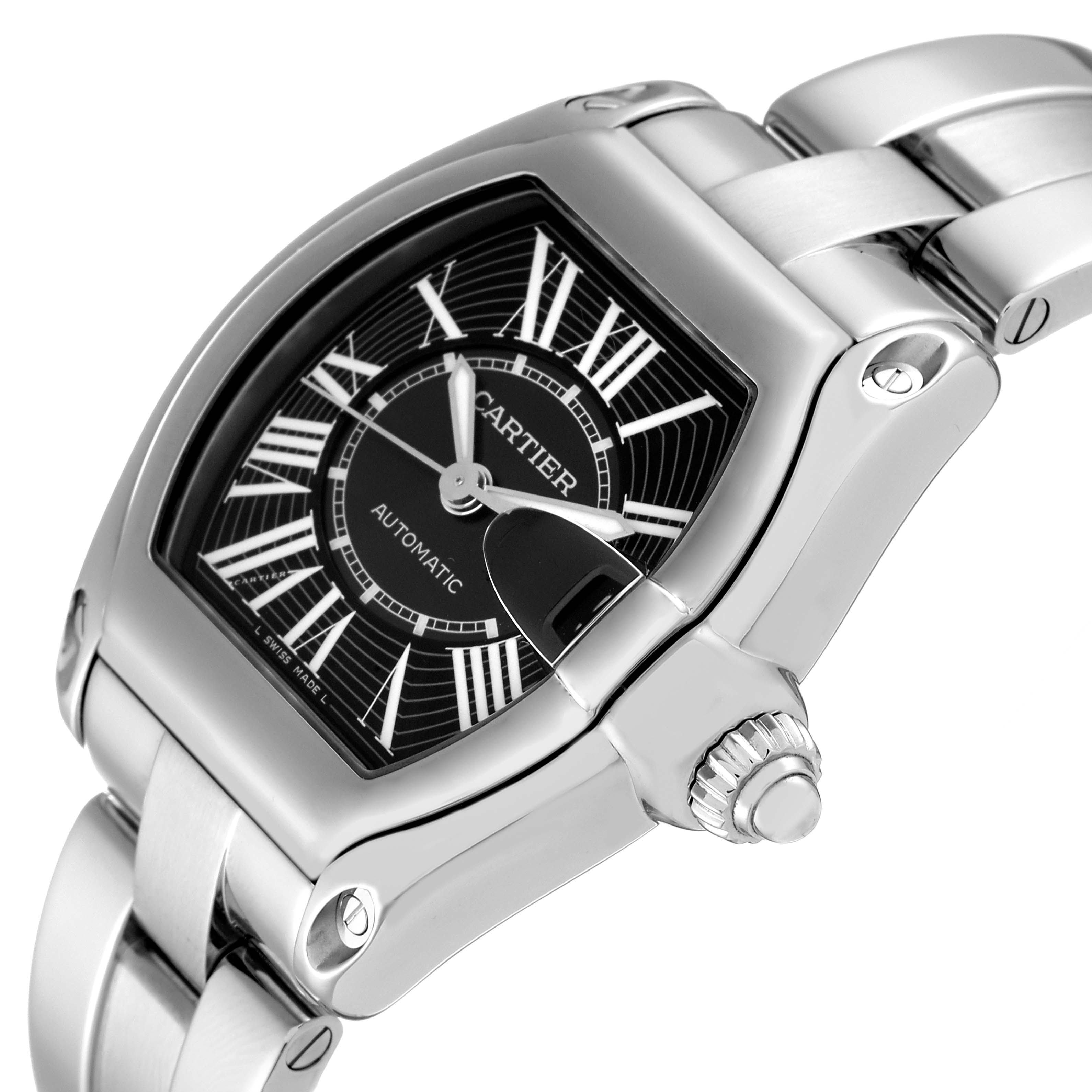 The Cartier Roadster W62041V3 Men's Stainless Steel Black Dial W62041V3 Men's Stainless Steel Black Dial watch is shown at an angled view, highlighting the bezel, dial, crown, and part of the bracelet.
