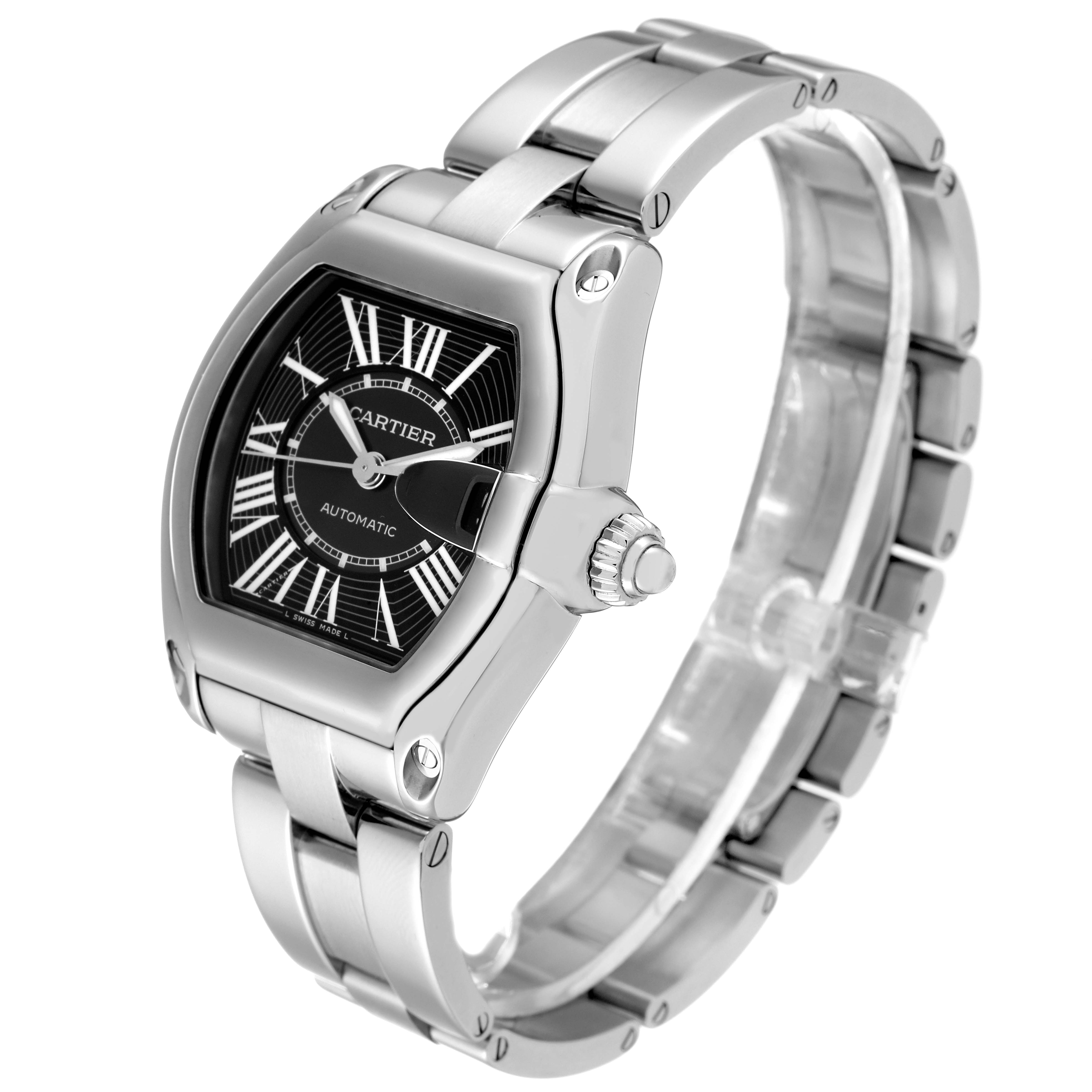 The Cartier Roadster W62041V3 Men's Stainless Steel Black Dial W62041V3 Men's Stainless Steel Black Dial watch is displayed at an angle showing the face, crown, and metal bracelet.