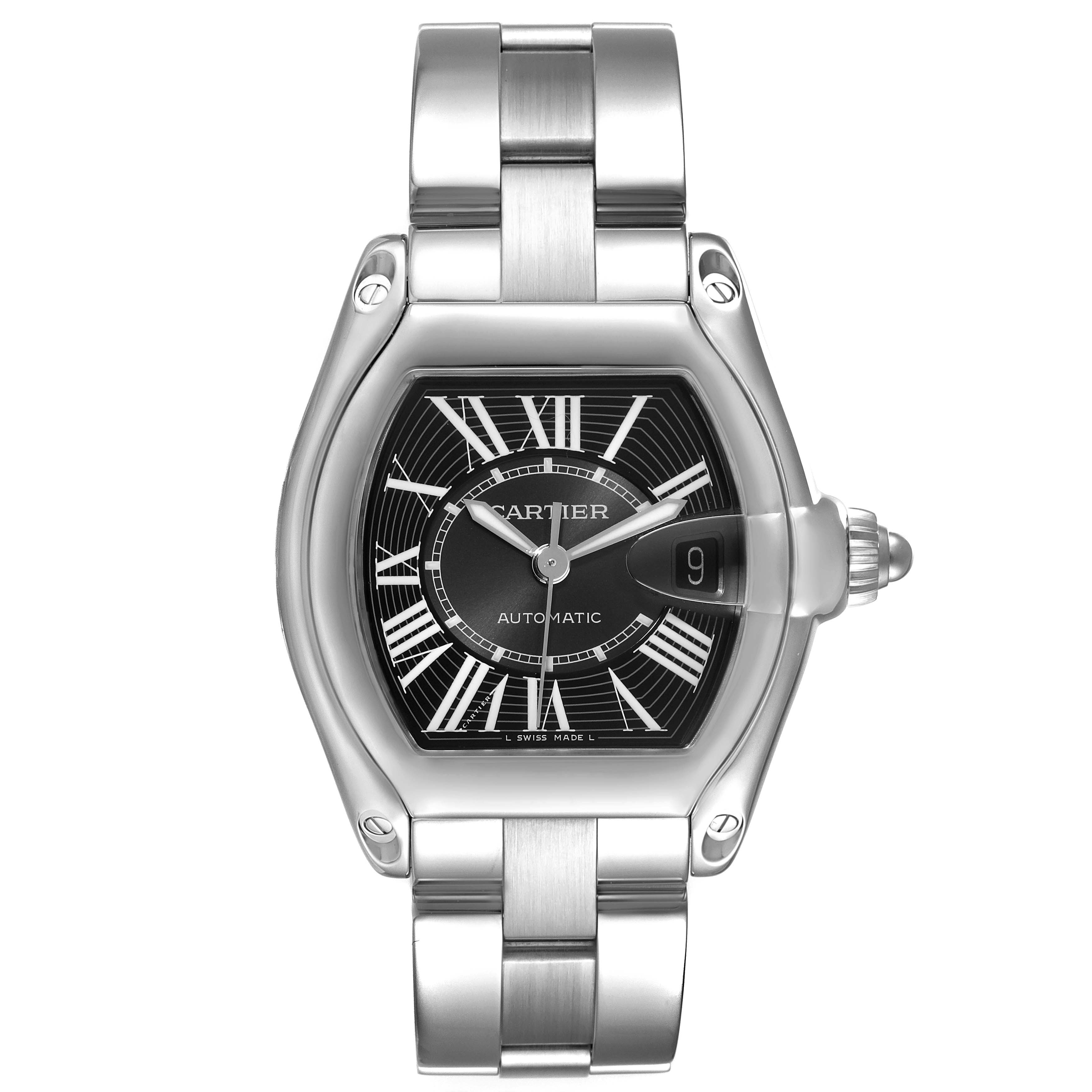 The image shows a frontal view of the Cartier Roadster W62041V3 Men's Stainless Steel Black Dial W62041V3 Men's Stainless Steel Black Dial watch, displaying the face, bracelet, and date magnifier.