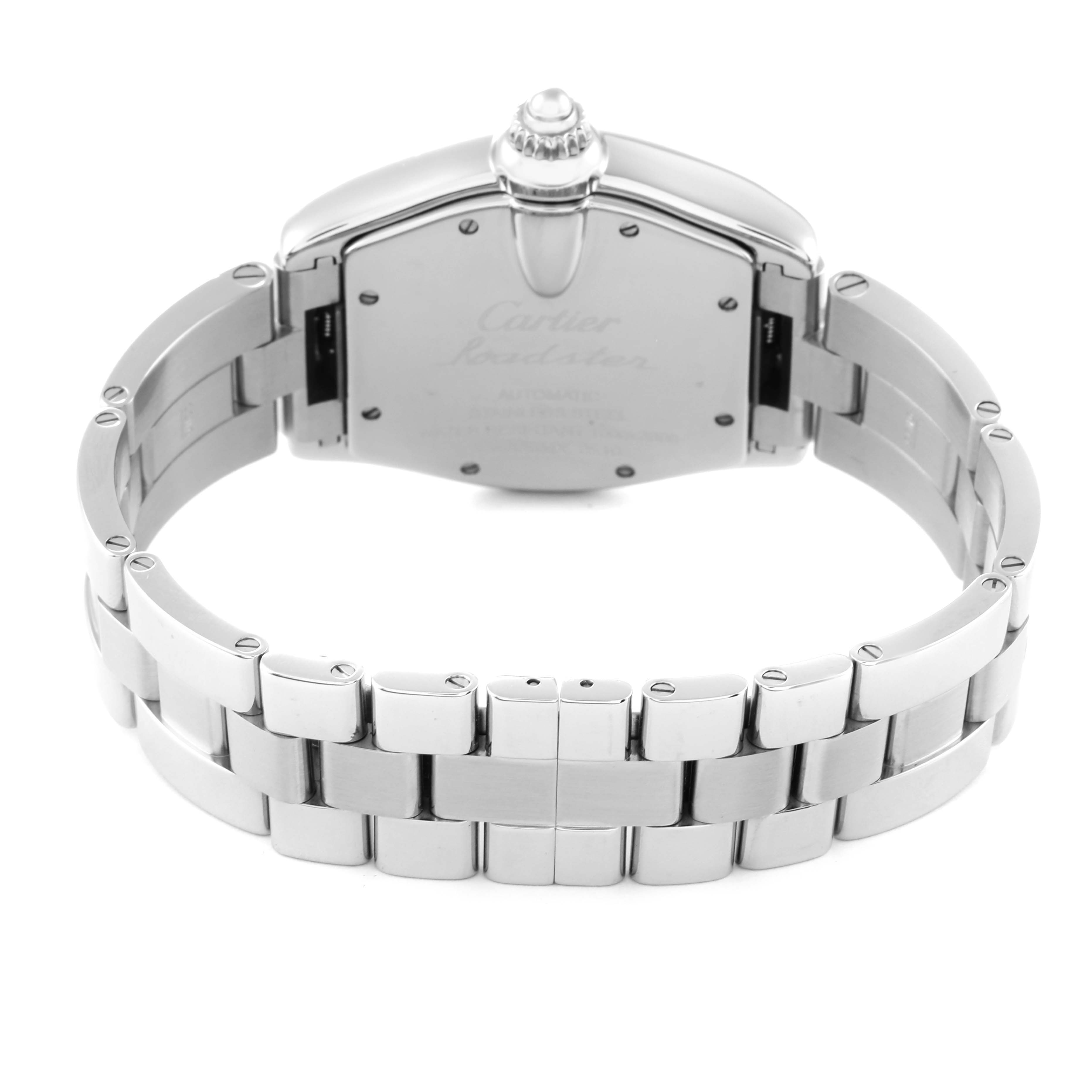 The image shows the back and bracelet of the Cartier Roadster W62041V3 Men's Stainless Steel Black Dial W62041V3 Men's Stainless Steel Black Dial watch from a rear angle.