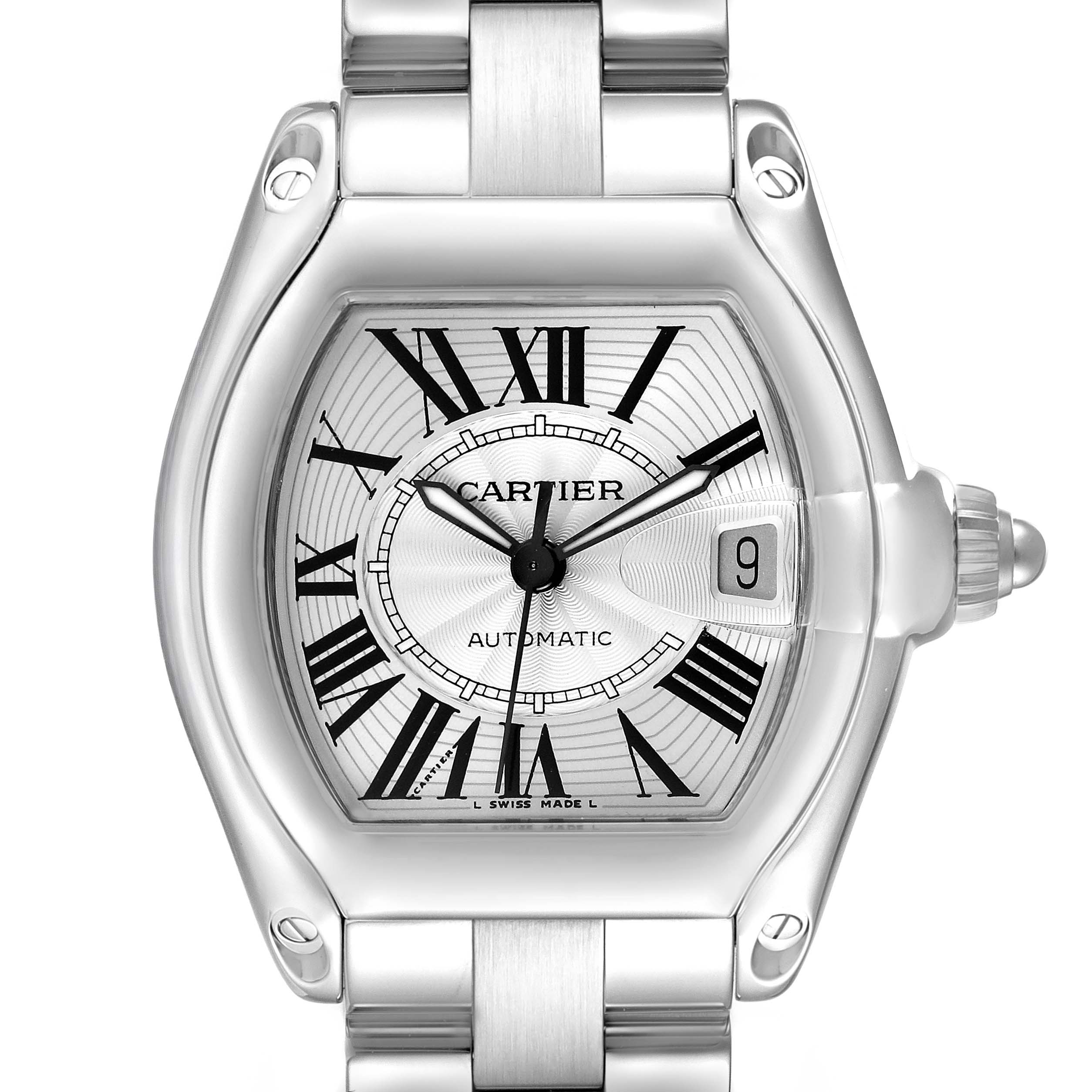 The Cartier Roadster W62025V3 Men's Stainless Steel Silver Dial watch is shown from the front, highlighting its dial, hour markers, hands, and date window.