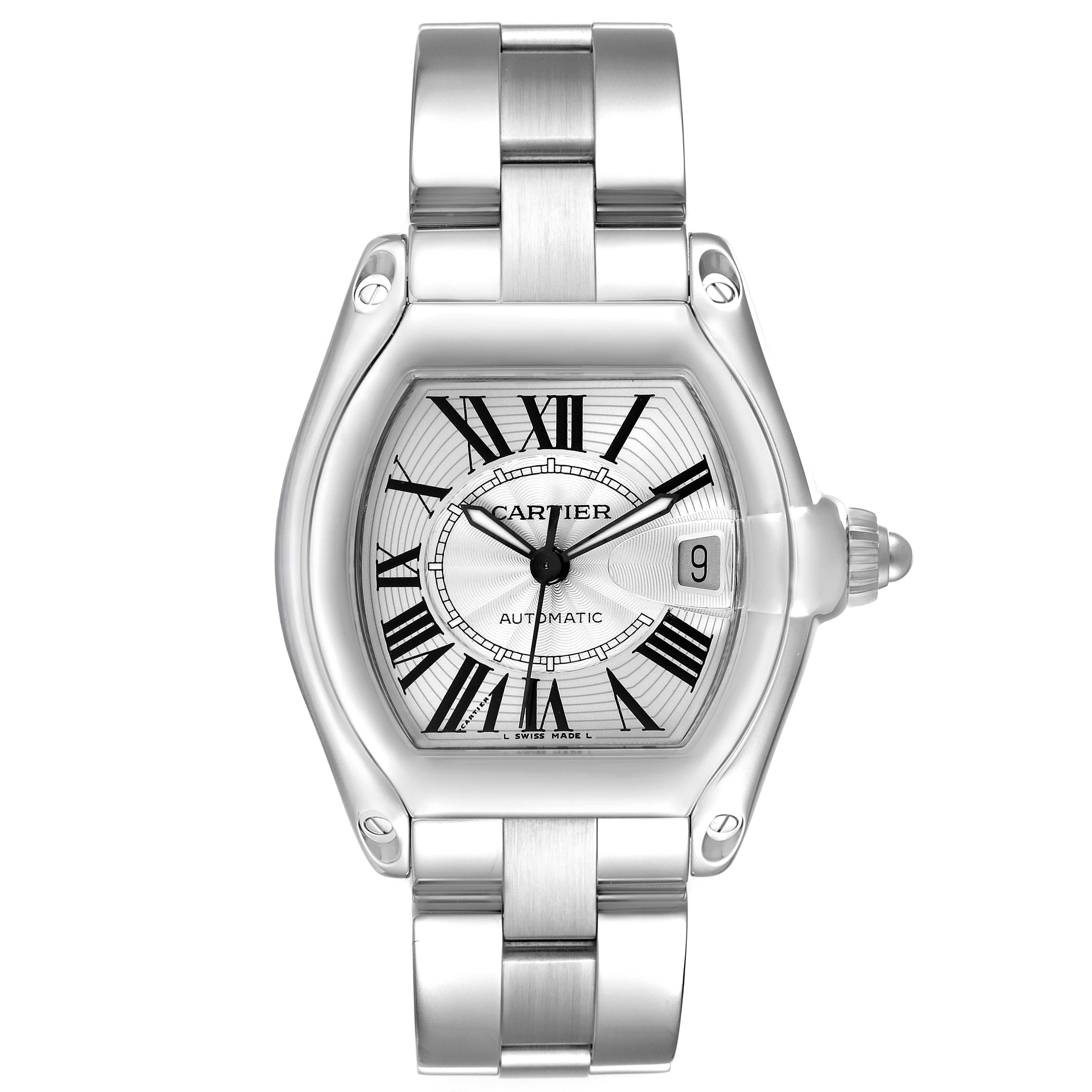 The Cartier Roadster W62025V3 Men's Stainless Steel Silver Dial watch is shown from the front, displaying the dial, bezel, bracelet, and date window.