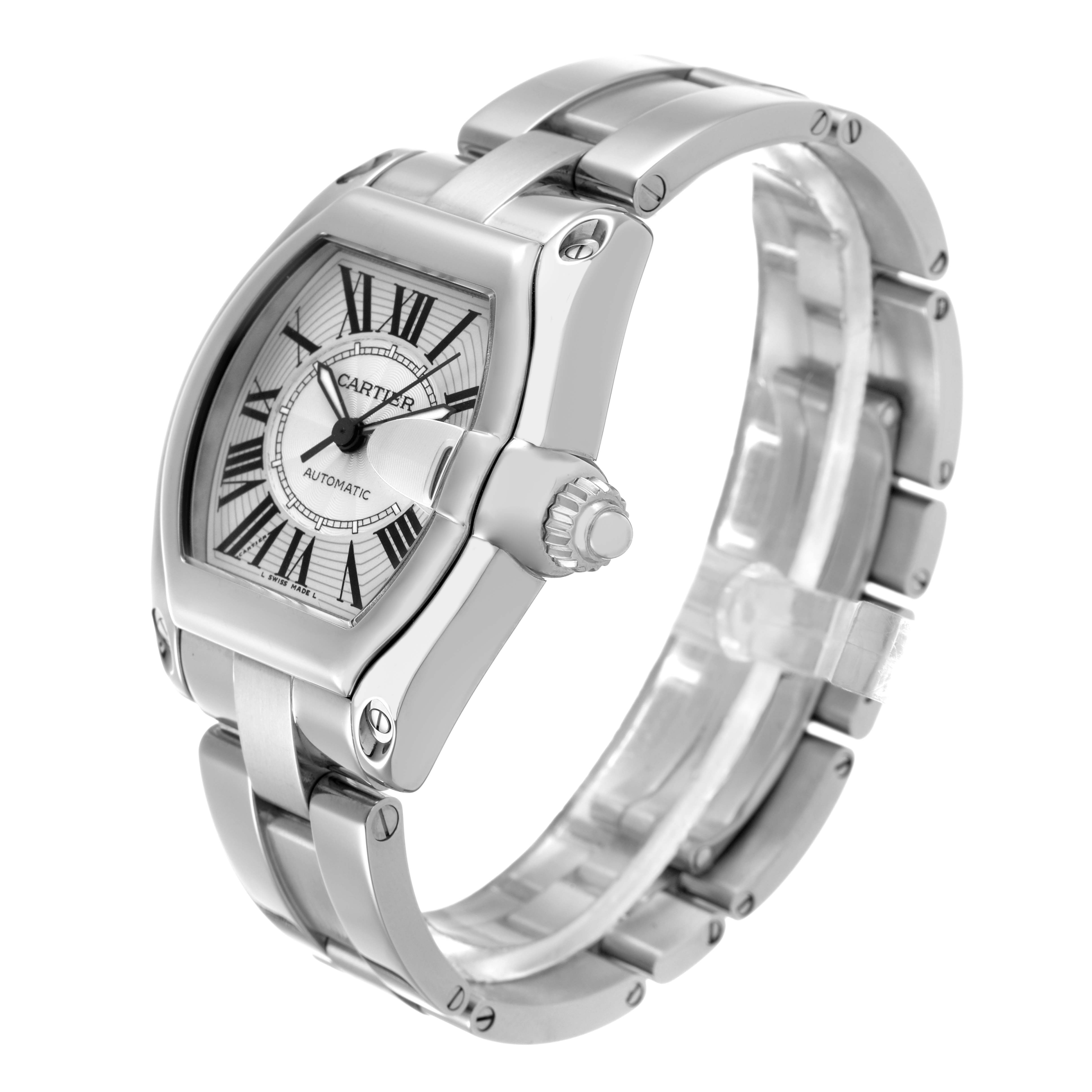 The Cartier Roadster W62025V3 Men's Stainless Steel Silver Dial watch is shown at a slight angle, displaying its face, crown, and bracelet.