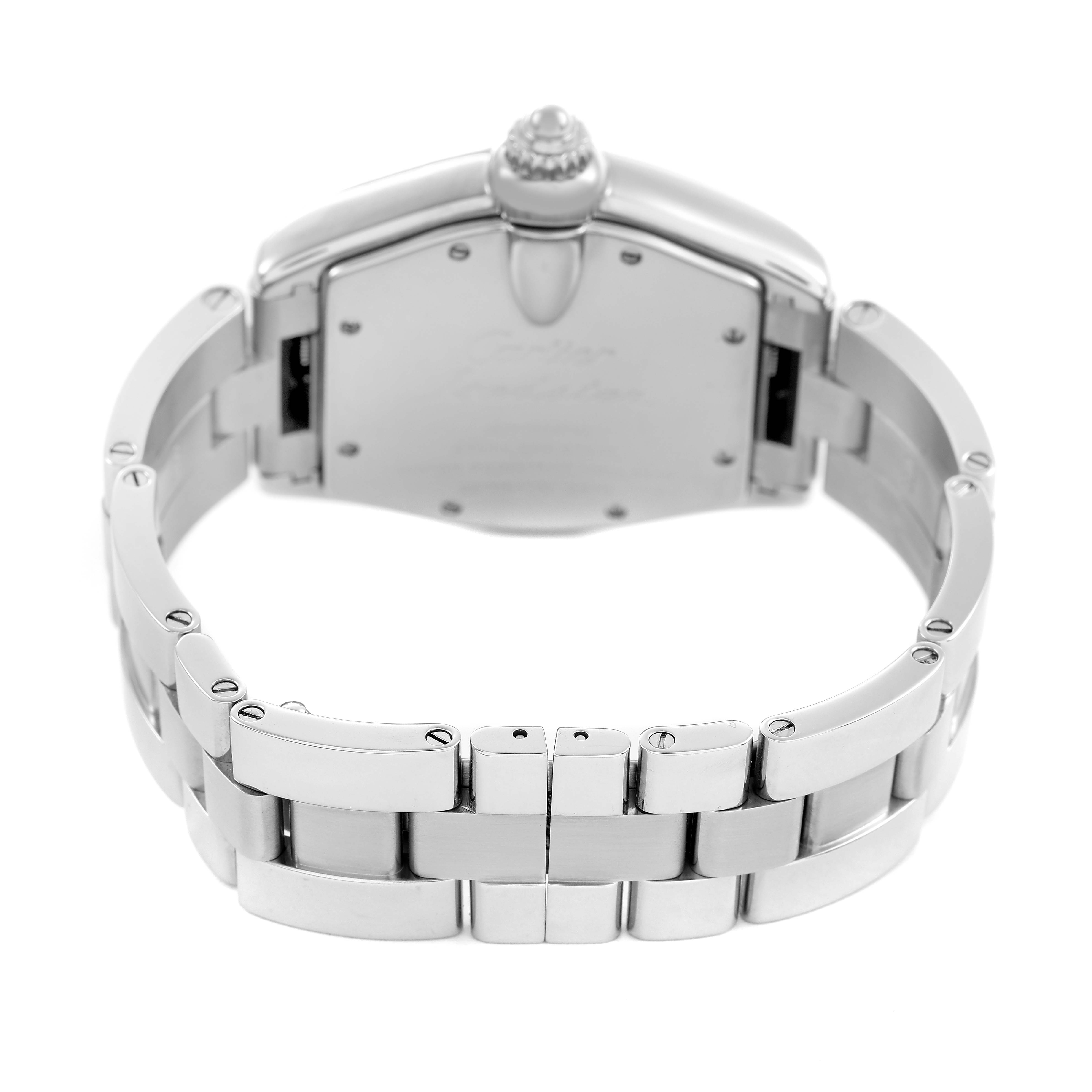 The Cartier Roadster W62025V3 Men's Stainless Steel Silver Dial watch is shown from the rear, highlighting the case back and stainless steel bracelet.