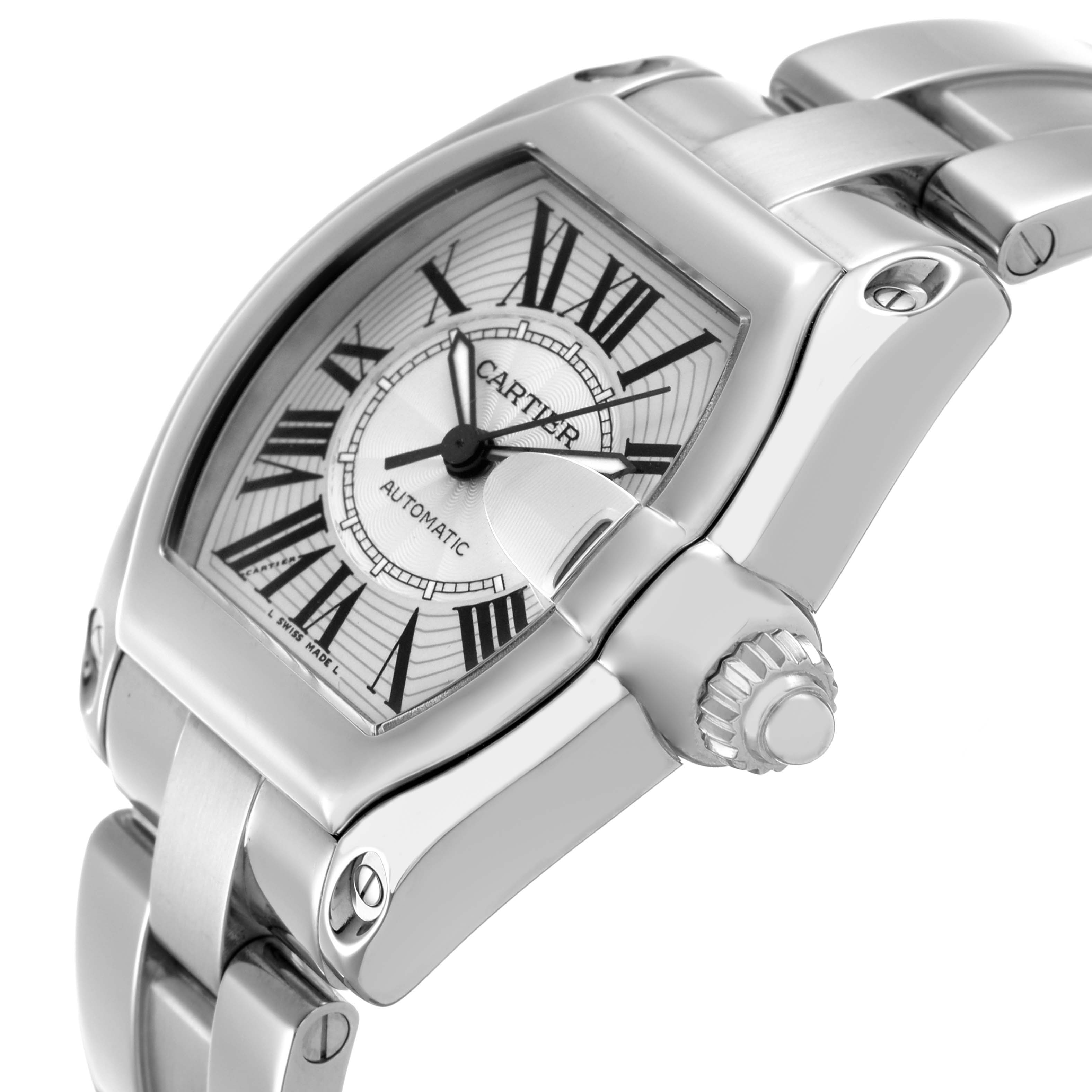 The Cartier Roadster W62025V3 Men's Stainless Steel Silver Dial watch is shown from an oblique angle, highlighting the case, dial, bracelet, and crown.