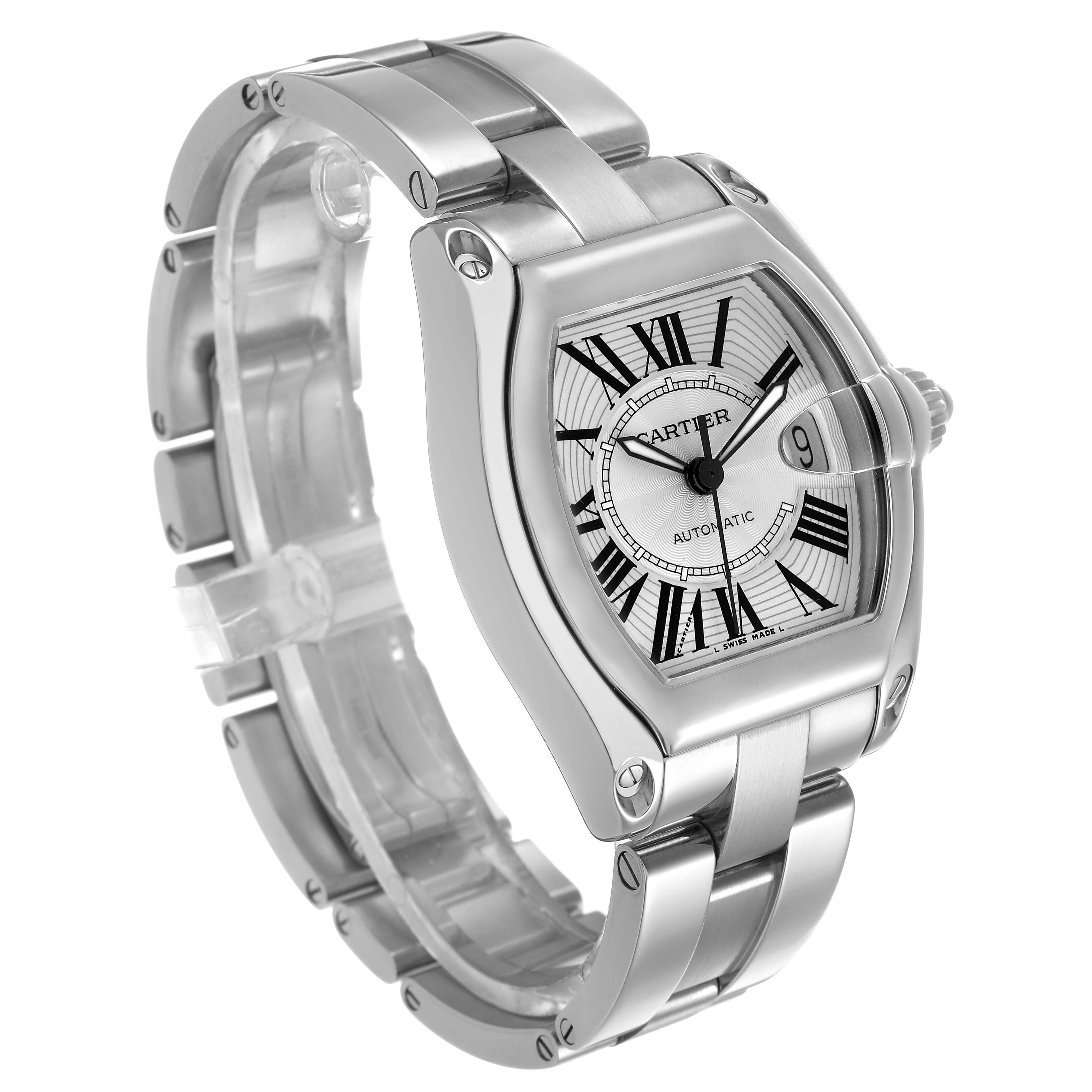 The Cartier Roadster W62025V3 Men's Stainless Steel Silver Dial watch is shown at a three-quarter angle, highlighting the case, bracelet, and dial details.